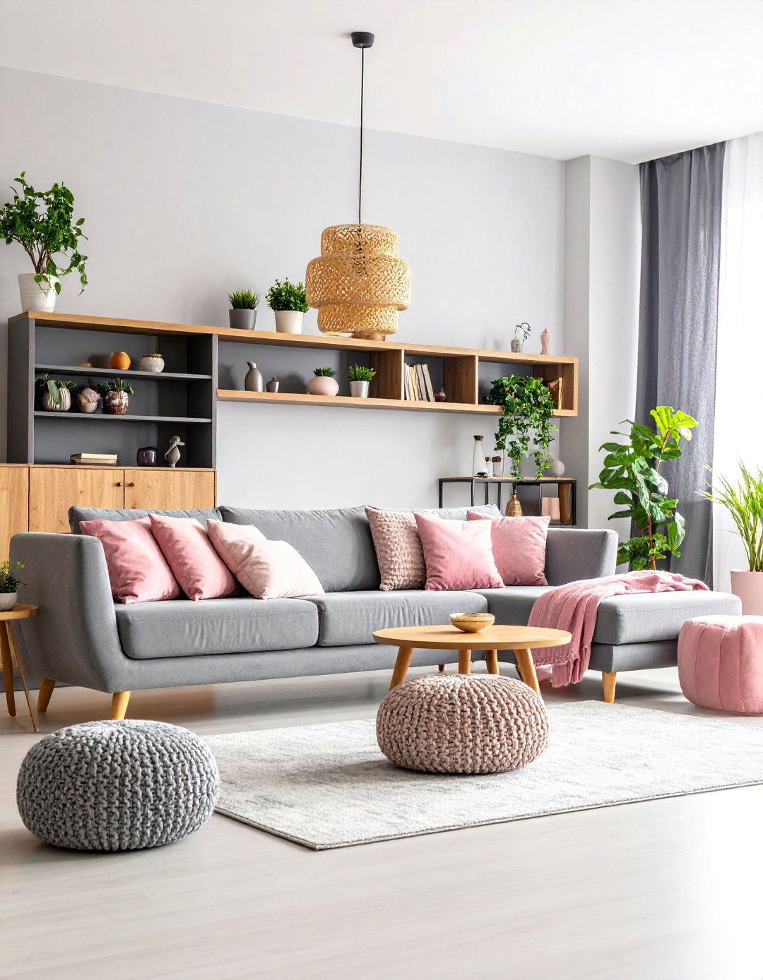 Pink and Grey Living Room with Smart Storage Solutions - 25 Pink and Grey Living Room Ideas