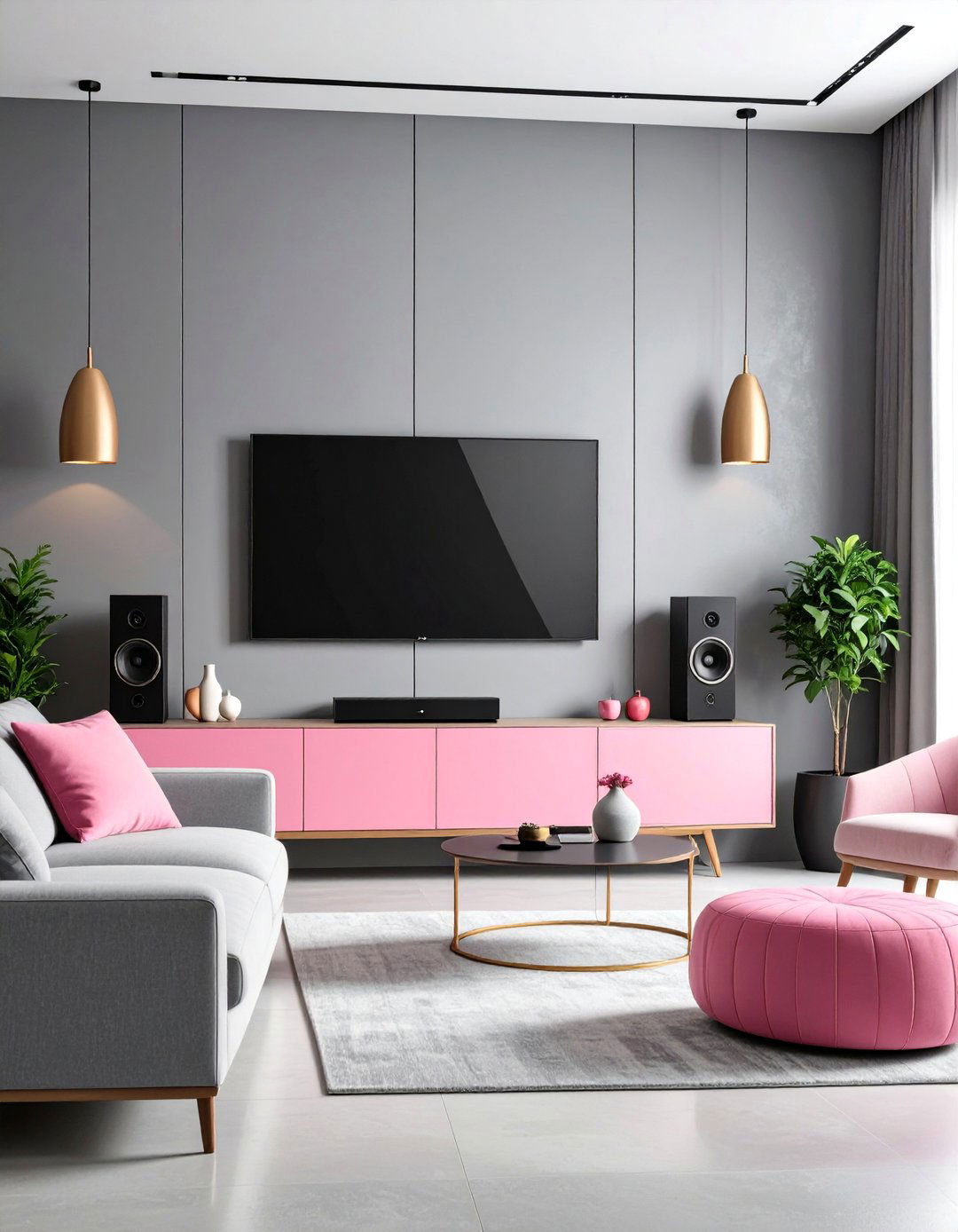 Pink and Grey Living Room with Technology Integration - 25 Pink and Grey Living Room Ideas