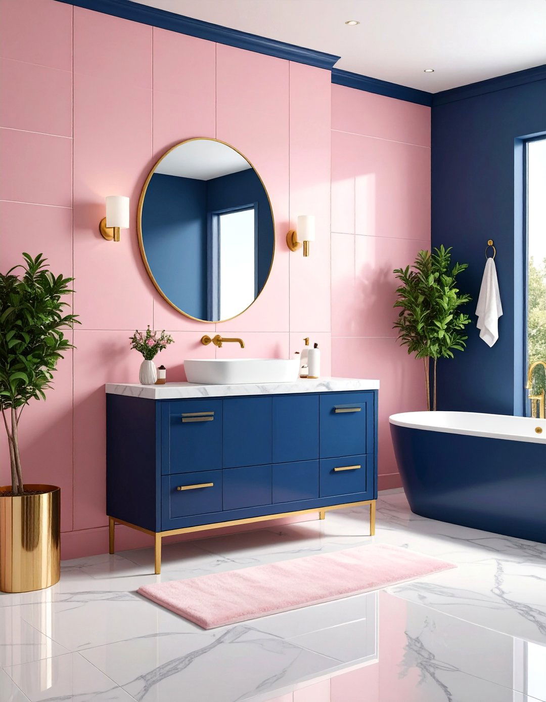 Pink and Navy Contrast Bathroom - 25 Pink Tile Bathroom Ideas