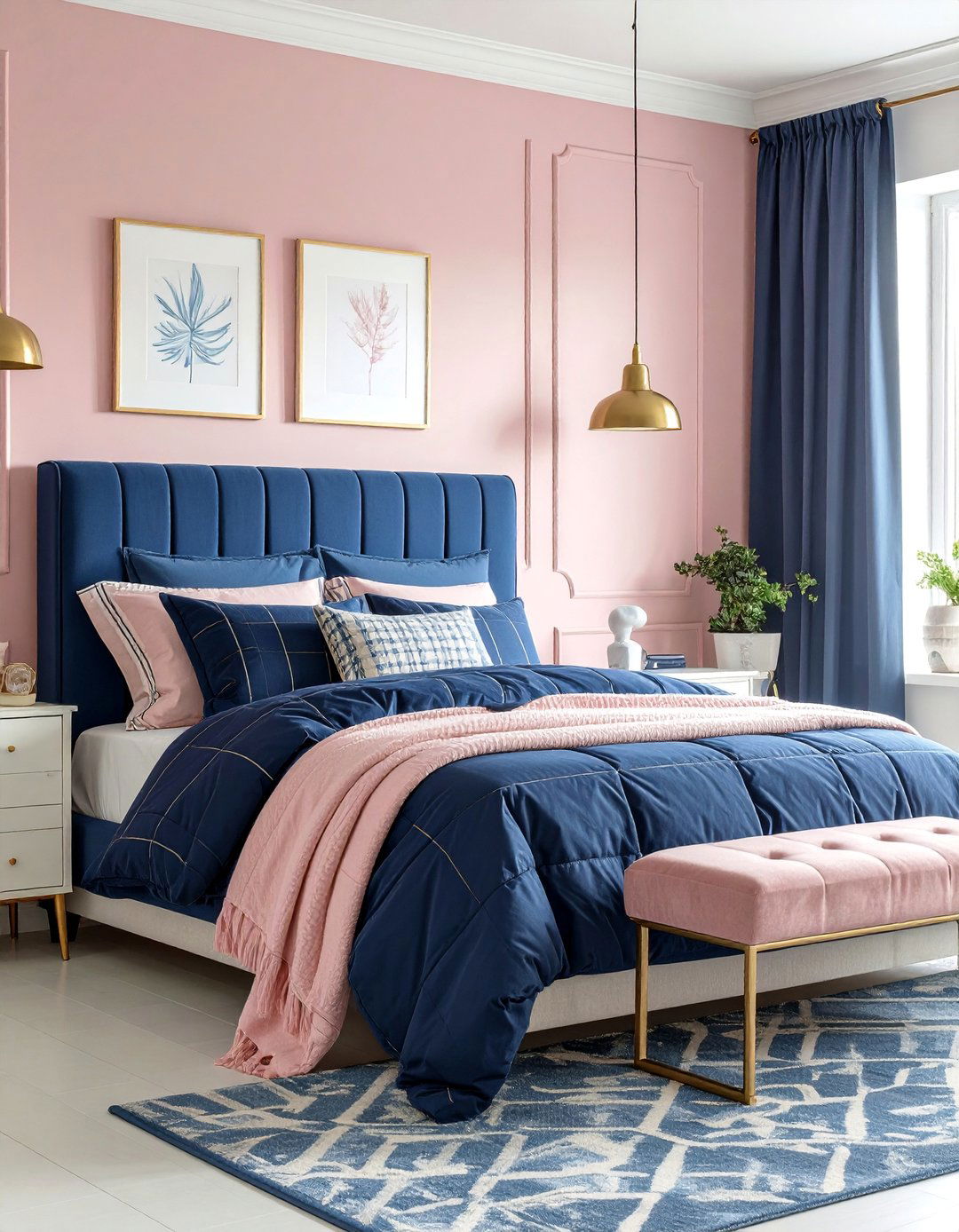 Pink and Navy Preppy Bedroom with Plaid Patterns - 25 Pink Bedroom Ideas
