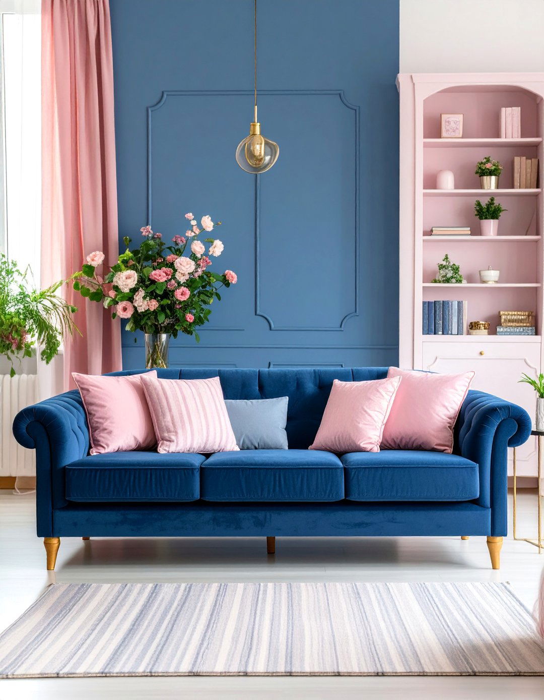 Pink and Navy Preppy Living Room with Classic Patterns - 25 Pink Living Room Ideas