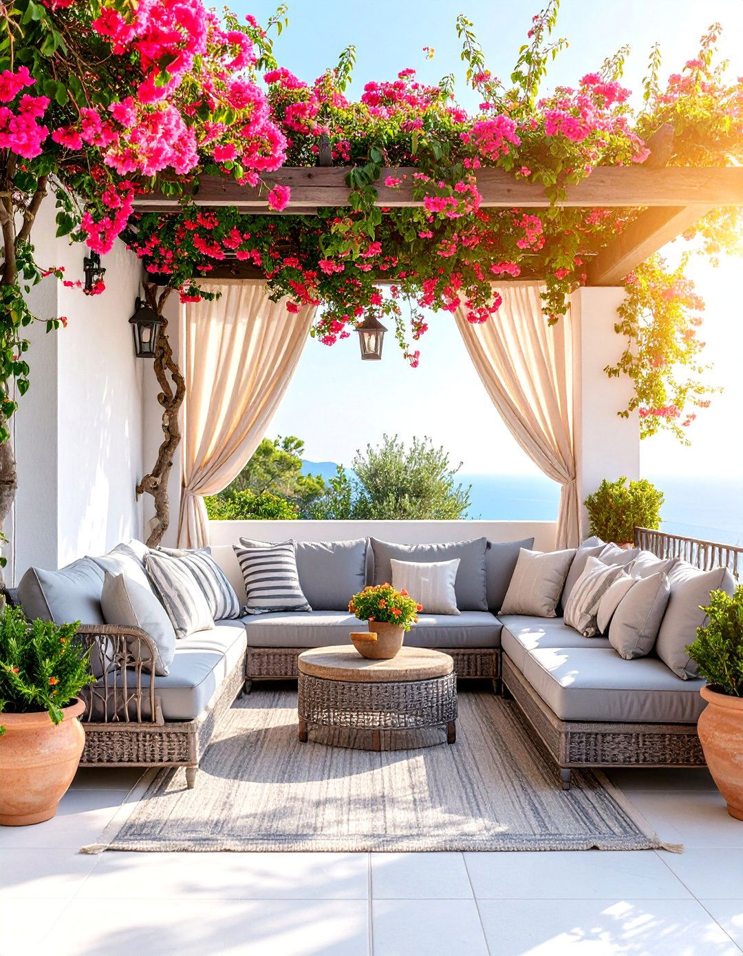 Pink and Silver Mediterranean Terrace Garden - 25 Pink Garden Ideas