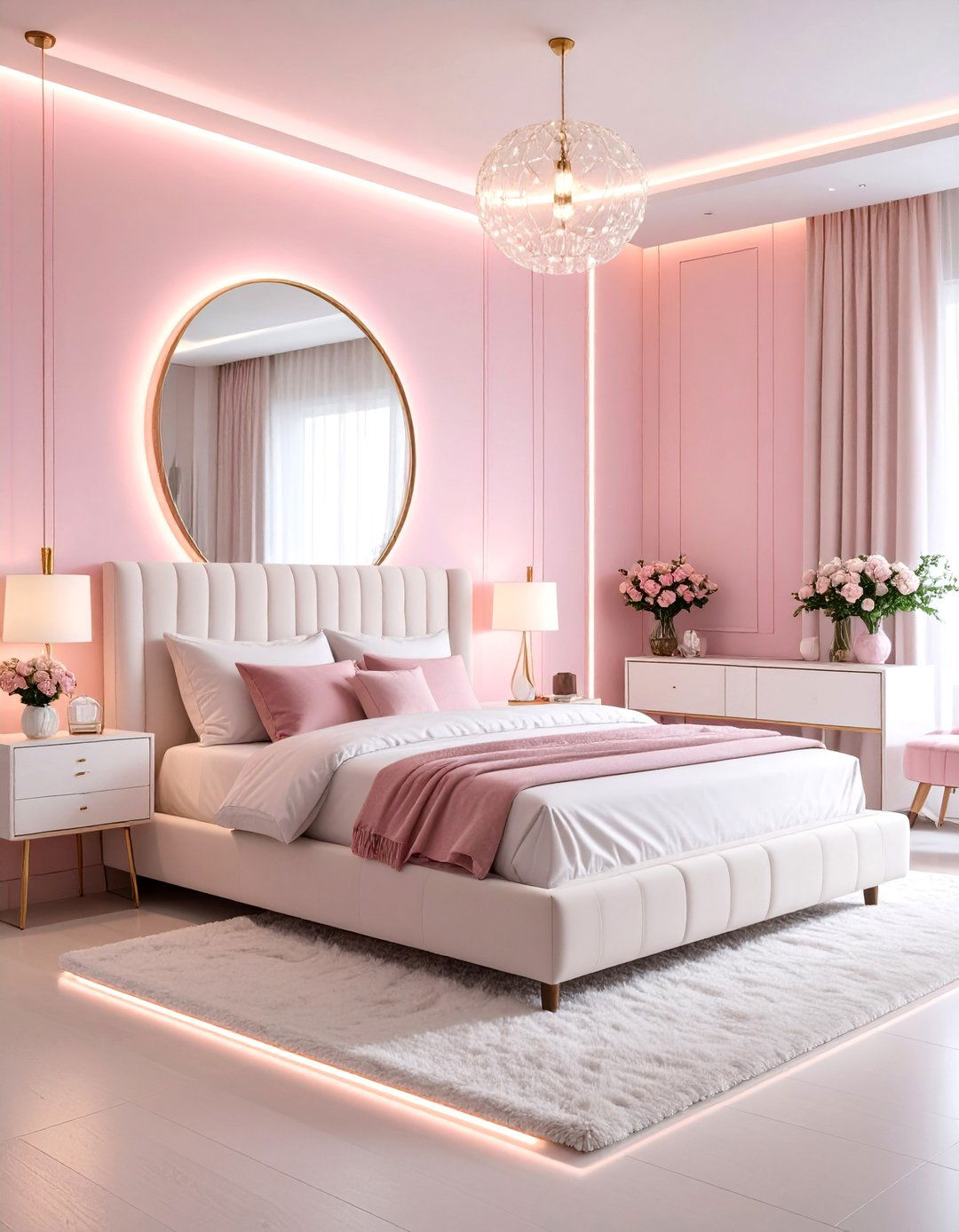 Pink and White Bedroom with Accent Lighting - 25 Pink and White Bedroom Ideas