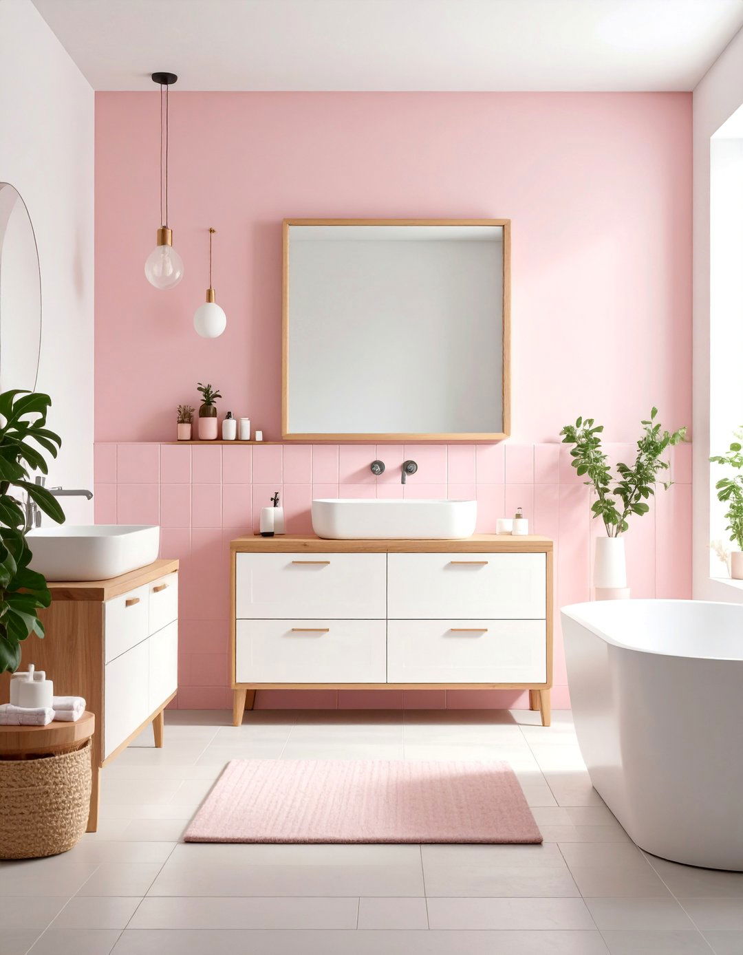 Pink and White Scandinavian Bathroom - 25 Pink Tile Bathroom Ideas