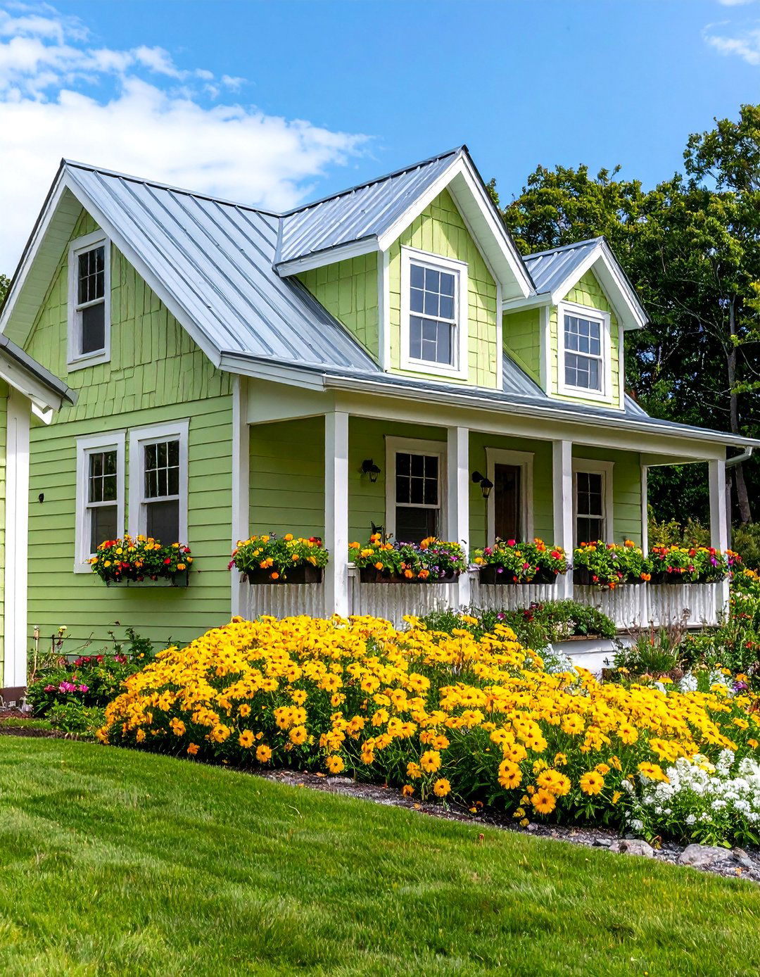 Pistachio Green Farmhouse with Window Flower Boxes - 25 Farmhouse Green Exterior Home Ideas