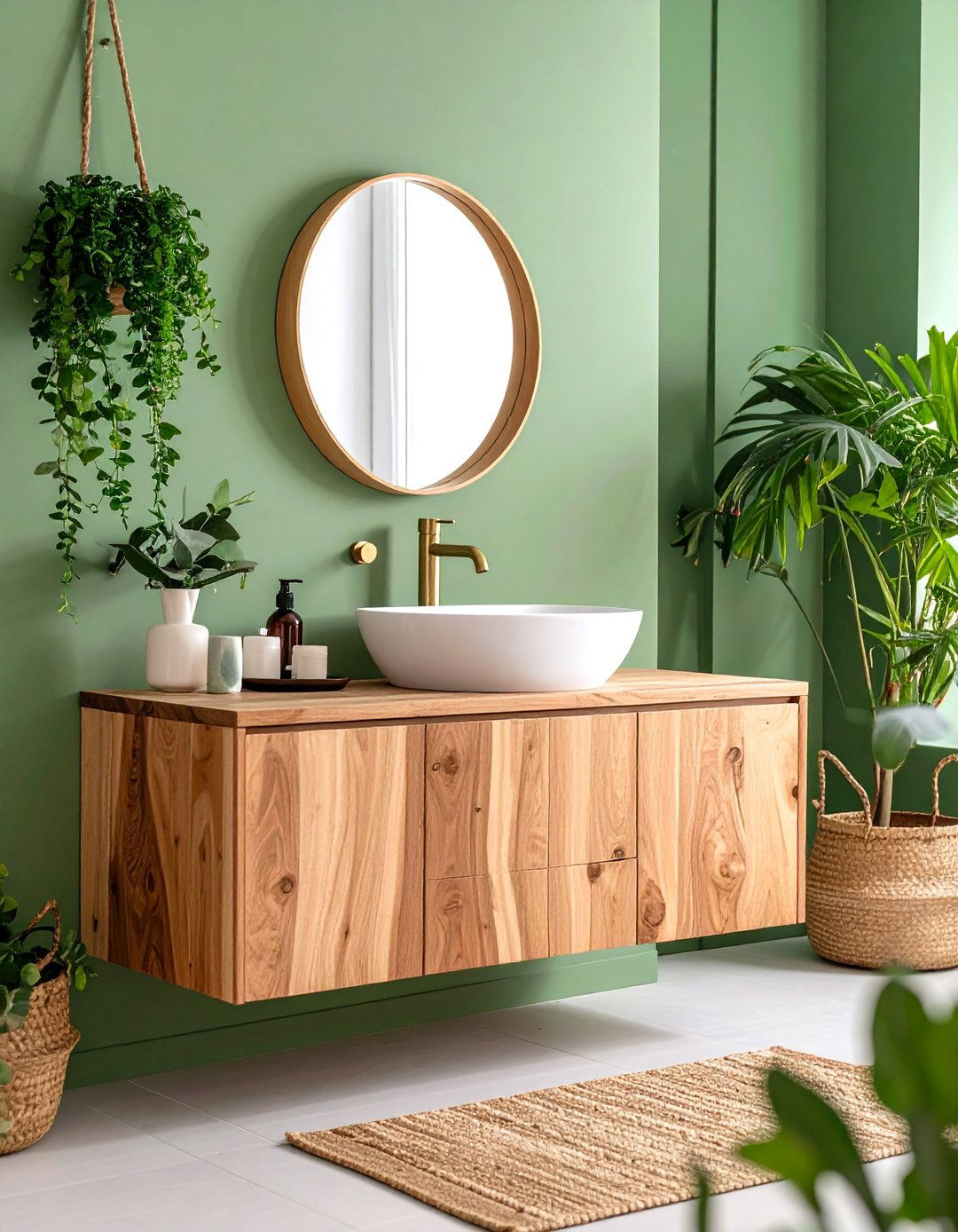 Pistachio Green Powder Room with Natural Wood Elements - 25 Green Powder Room Ideas