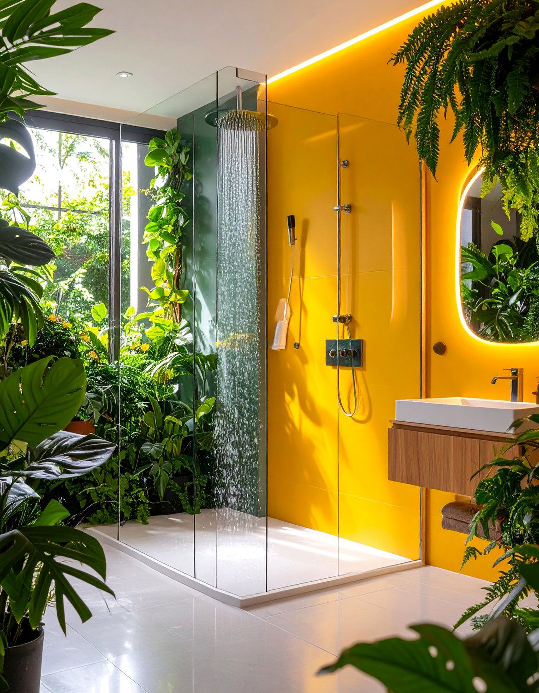 Pistachio Green Shower Screen with Canary Yellow Feature Wall - 25 Yellow and Green Bathroom Ideas