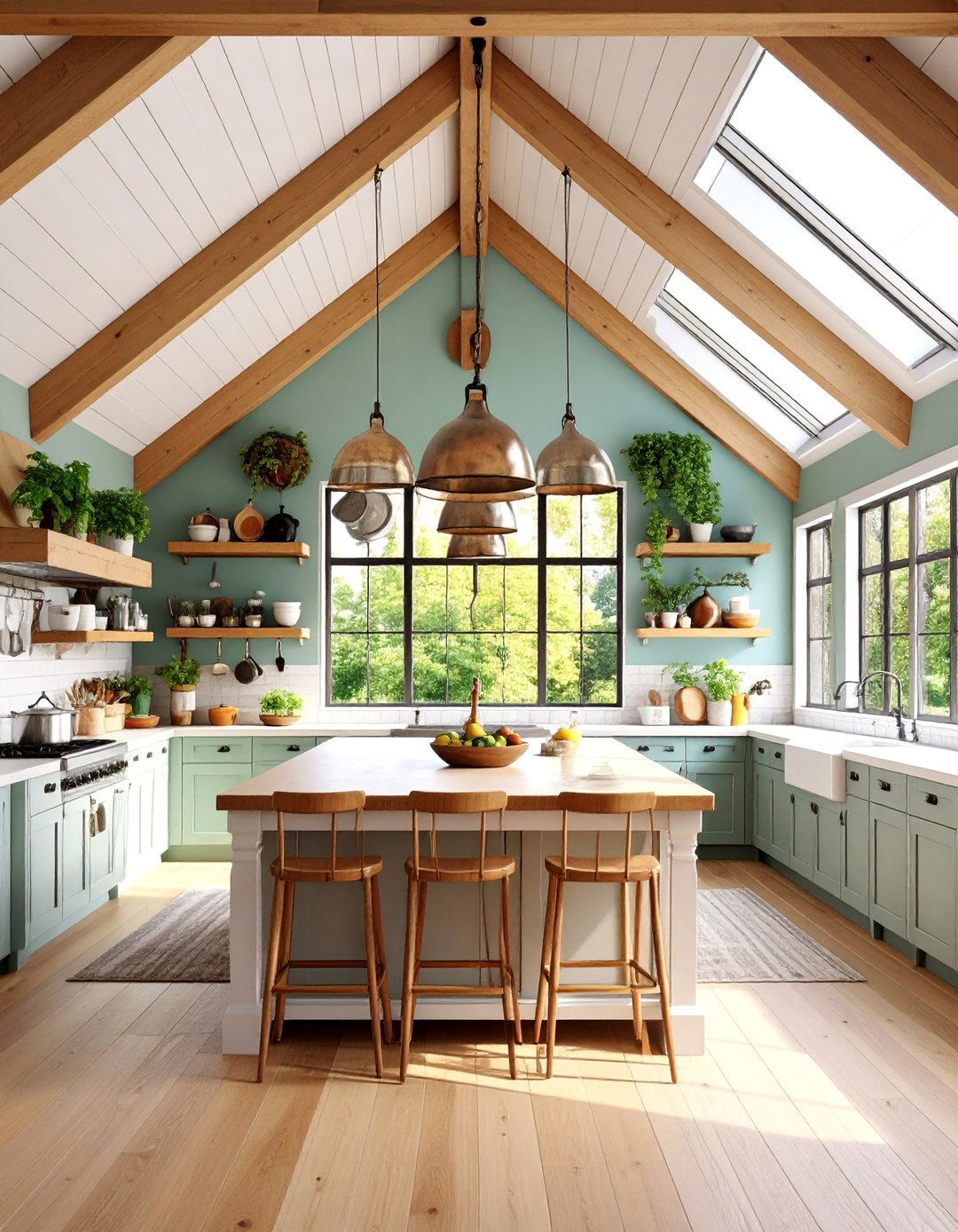 Pitched Roof Pot Rack Farmhouse Kitchen Island - 25 Farmhouse Kitchen Island Ideas