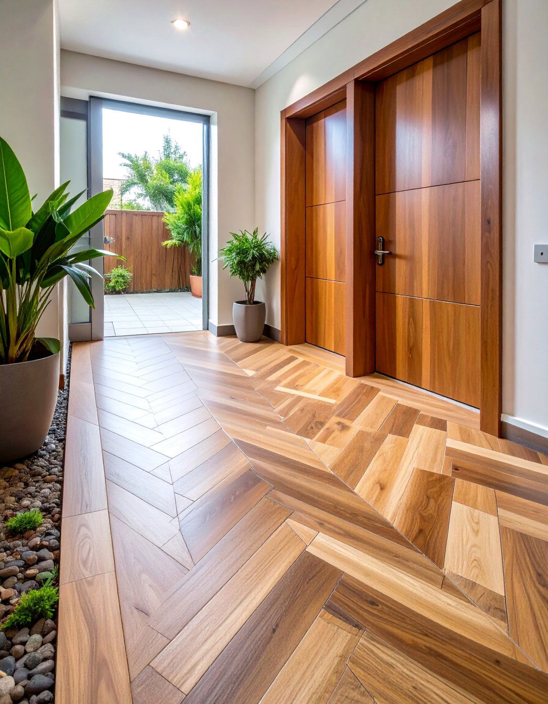 Plank Style Porcelain in Herringbone - 25 Small Entryway Tile Floor Ideas