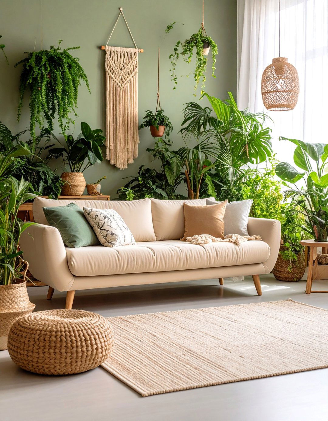 Plant Filled Biophilic Beige Living Room with Green Oasis - 25 Beige Couch Living Room Ideas