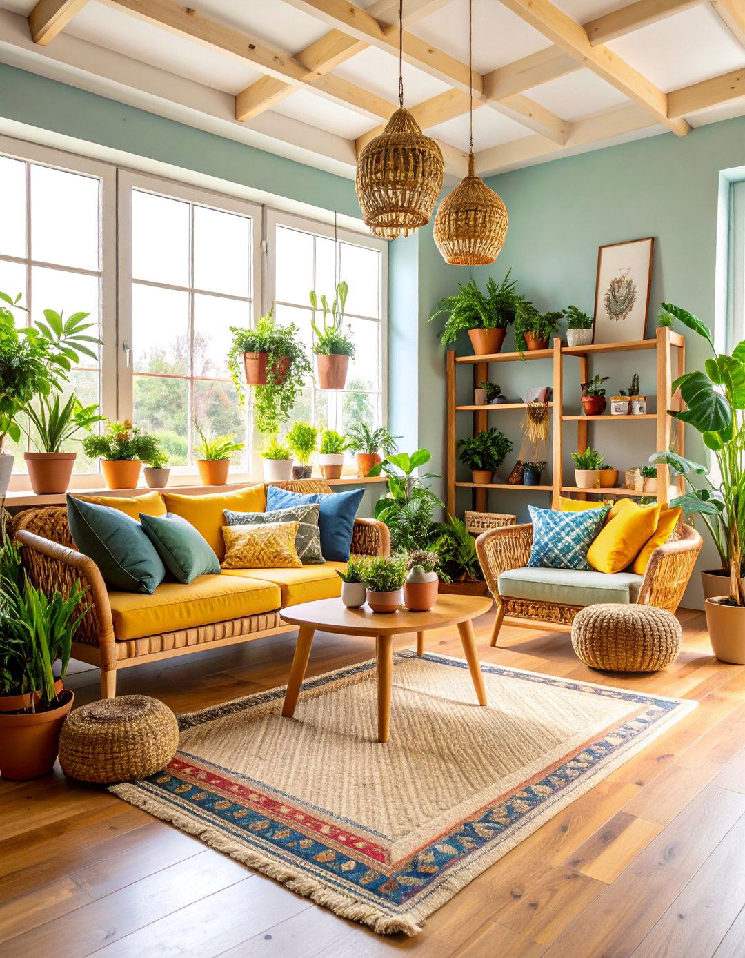 Plant Filled Sunroom with Natural Fiber Furniture - 25 Colorful Boho Decor Ideas
