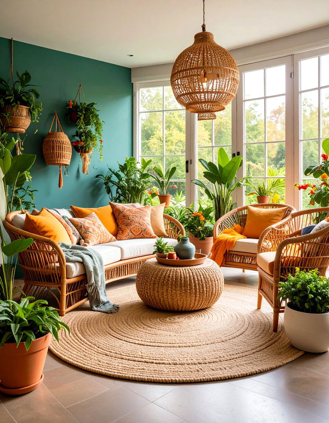 Plant Filled Sunroom with Natural Wicker Furniture - 25 Organic Modern Interior Design Ideas