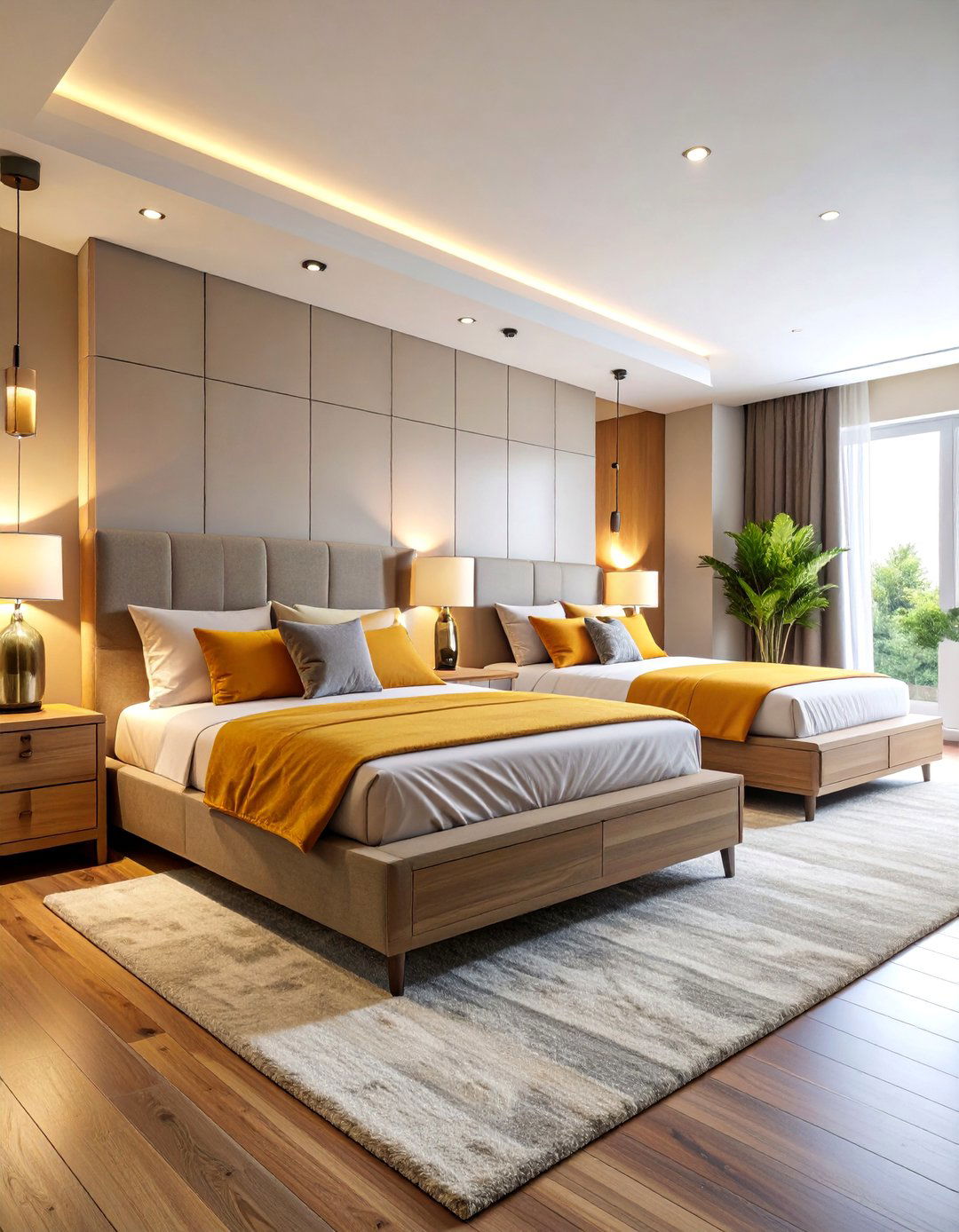 Platform Beds with Central Storage Island Design - 25 2 Beds in One Small Room Ideas
