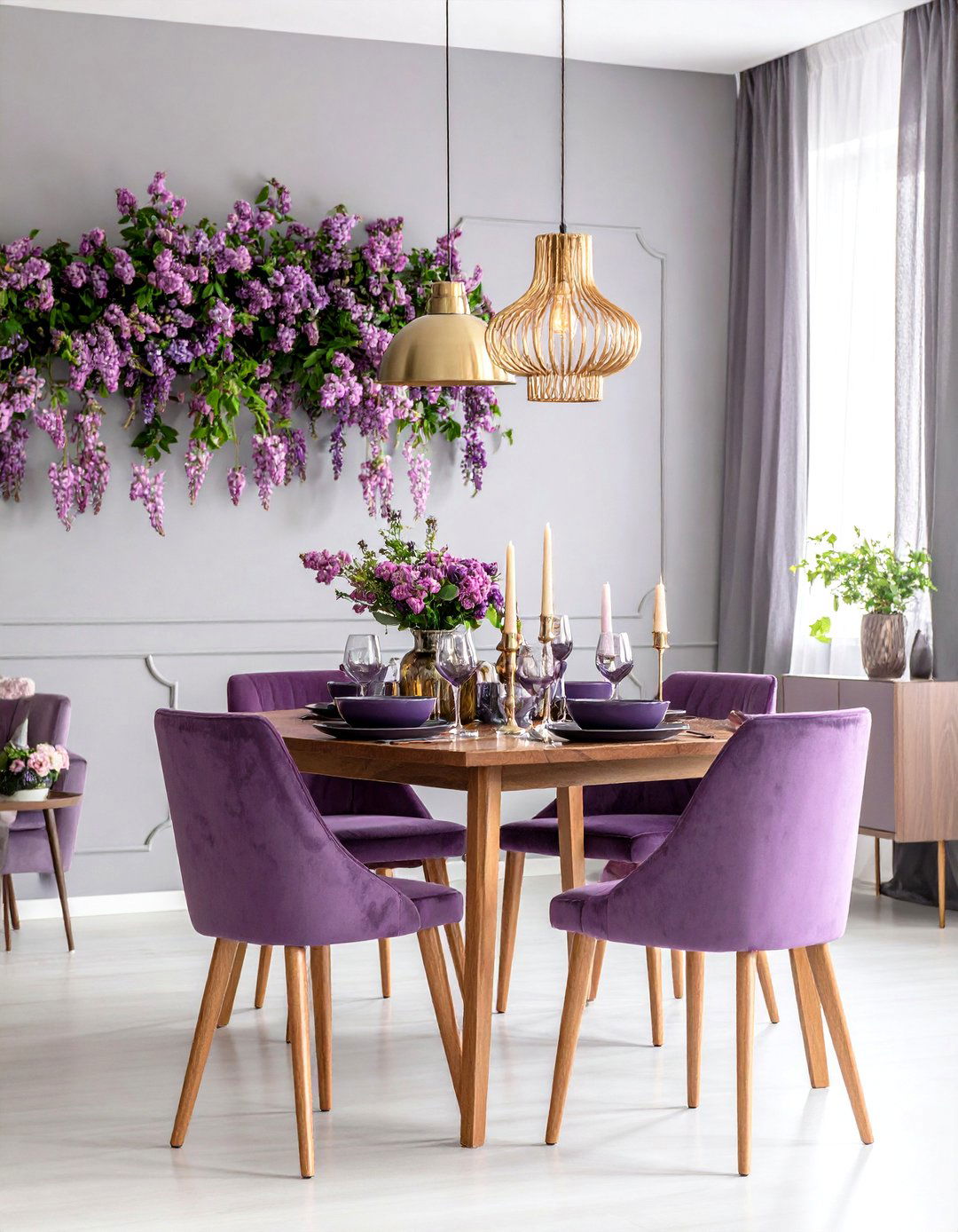 Plum Accent Wall Statement - 25 Purple Dining Room Ideas
