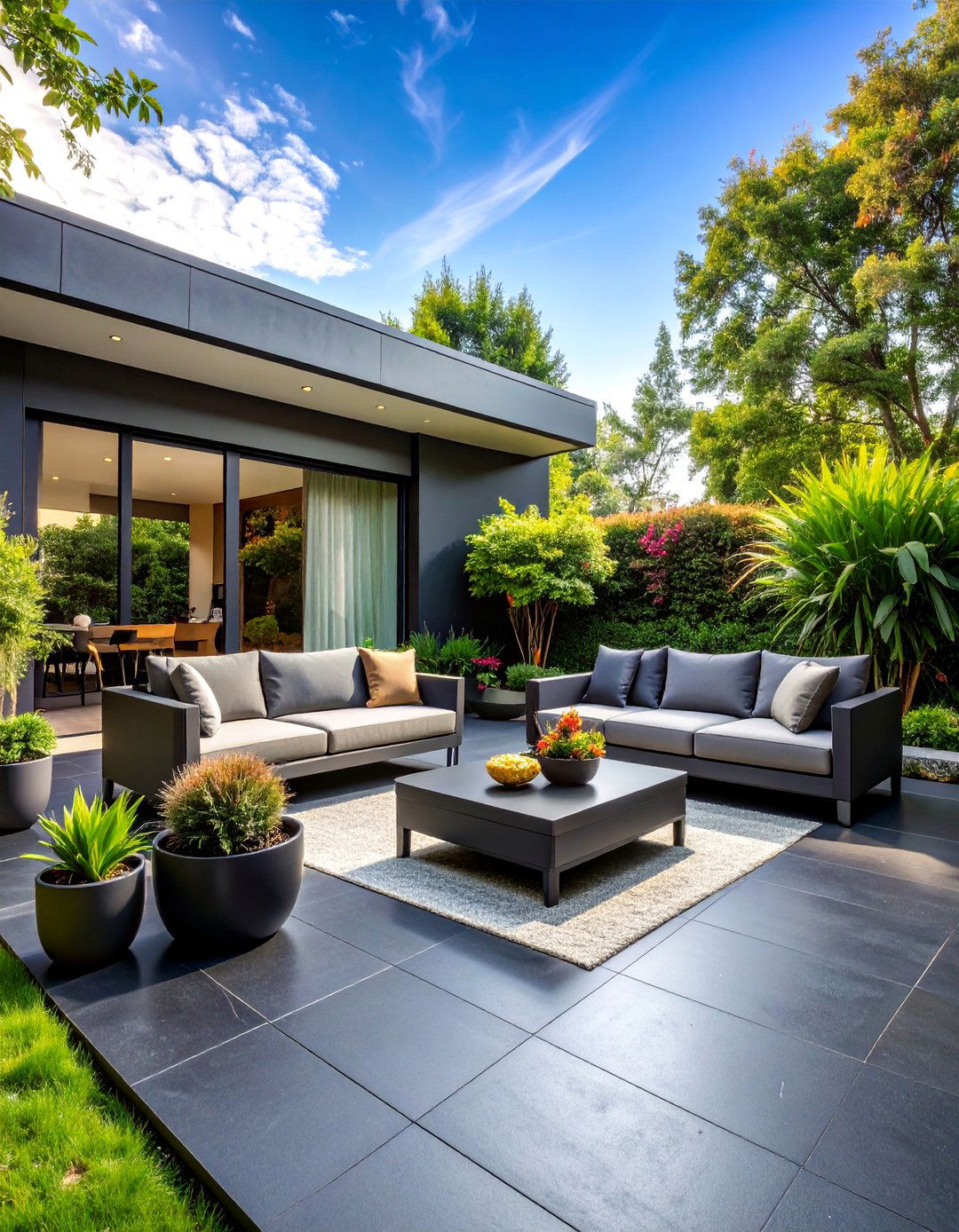 Polished Black Concrete Patio with Modern Furniture Groupings - 25 black concrete patio ideas