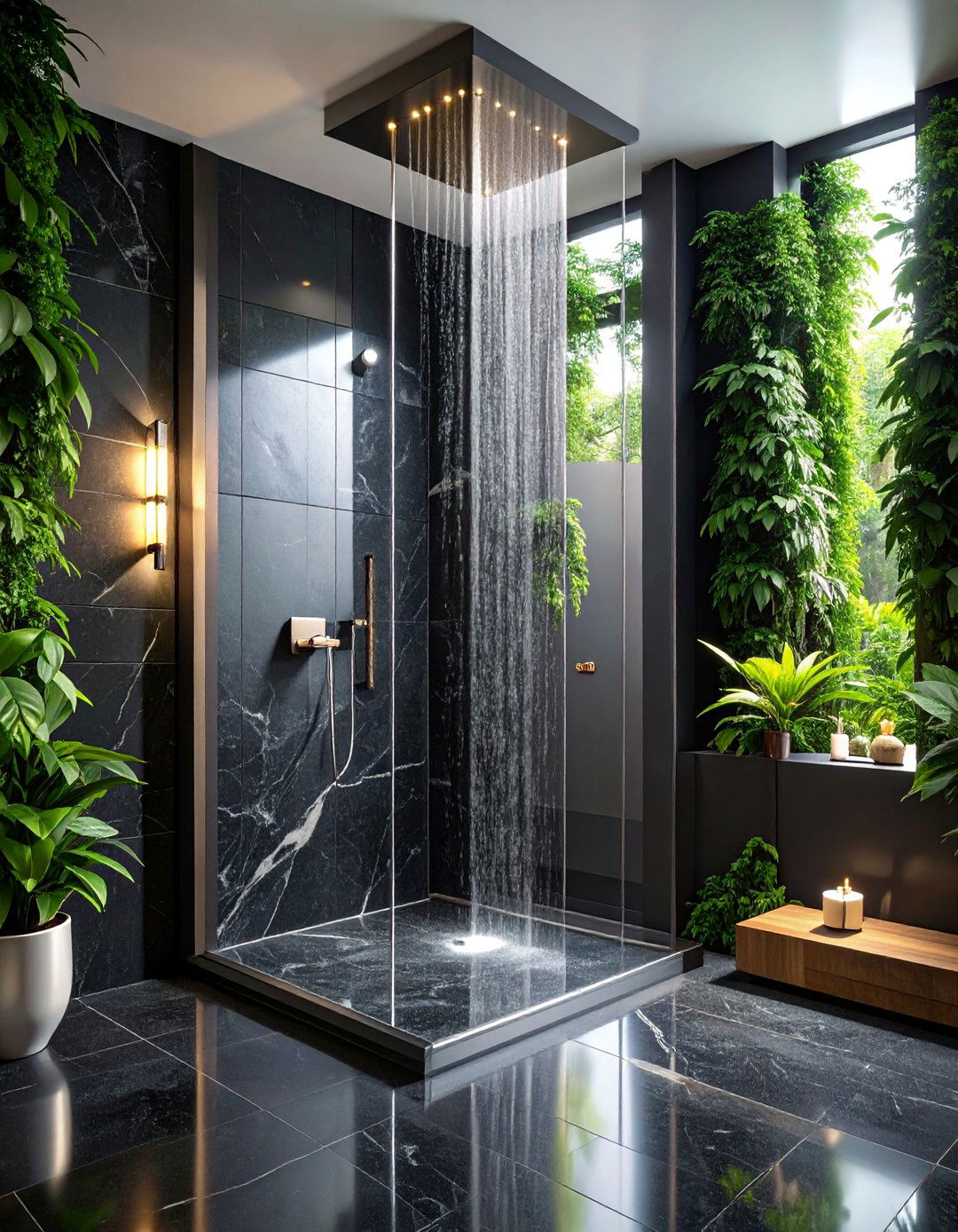 Polished Black Granite Shower with Reflective Luxury - 25 Stone Shower Design Ideas