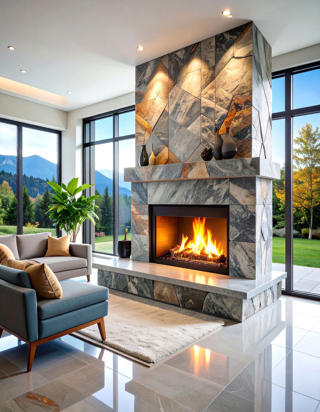 Polished Granite Fireplace with Modern Geometric Patterns - 25 Floor-to-Ceiling Stone Fireplace Ideas