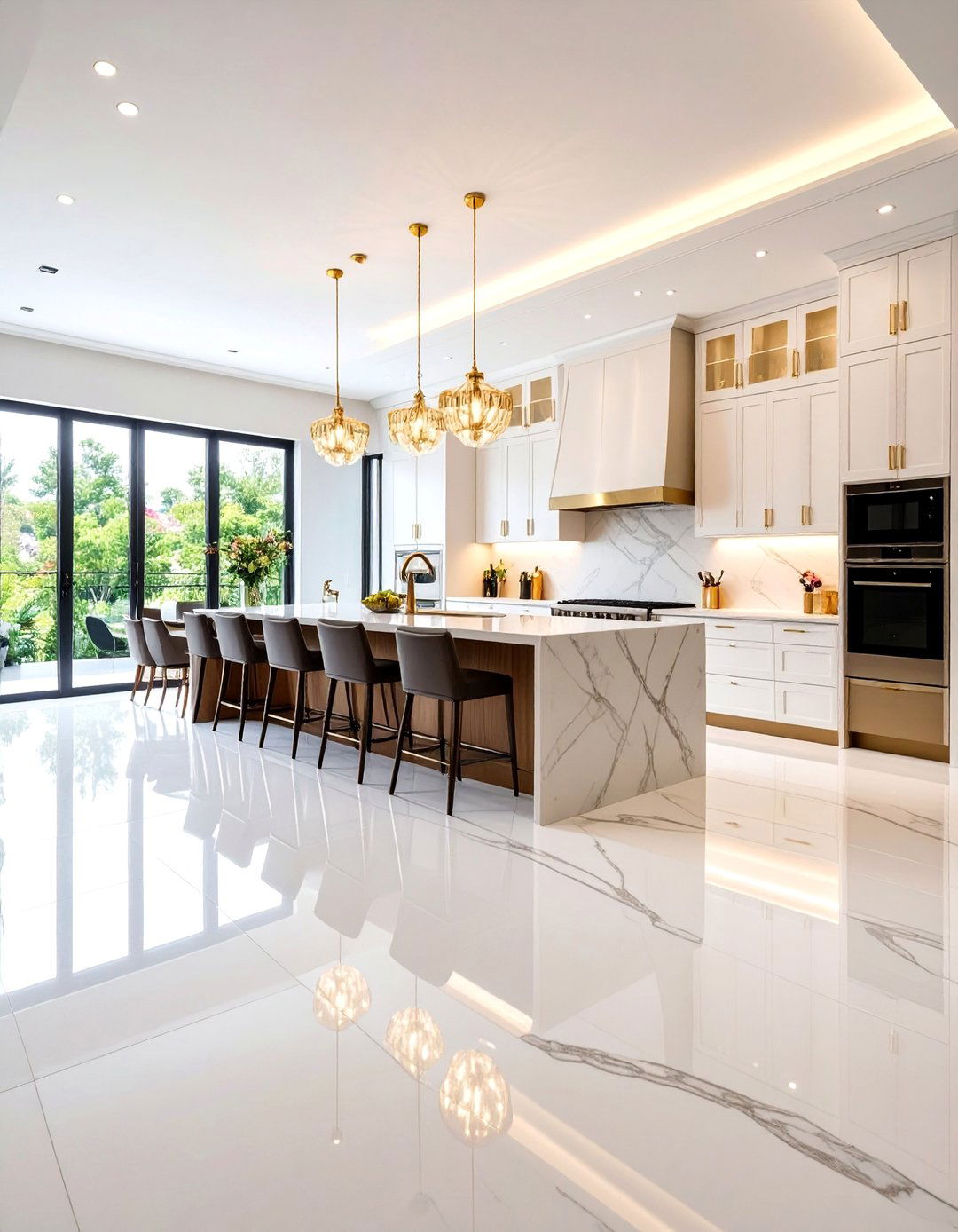 Polished Marble Kitchen Floor with High Gloss Cabinet Combination - 25 Marble Kitchen Floor Ideas