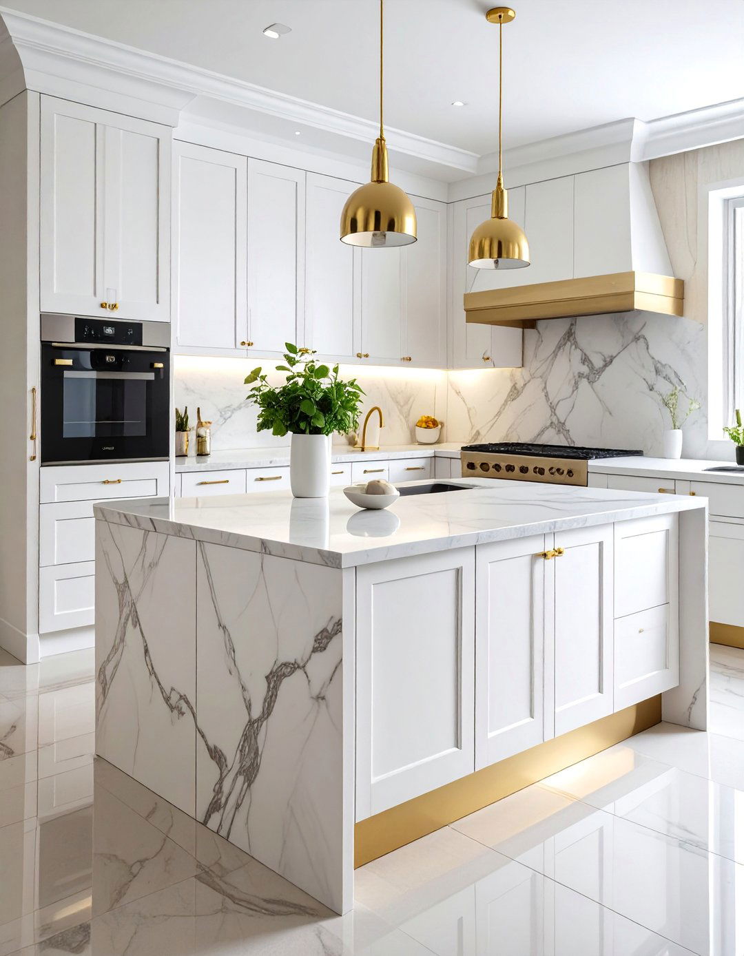 Polished Marble Slab Backsplash with Matching Countertop - 25 Backsplash Ideas for White Cabinets and Granite Countertops