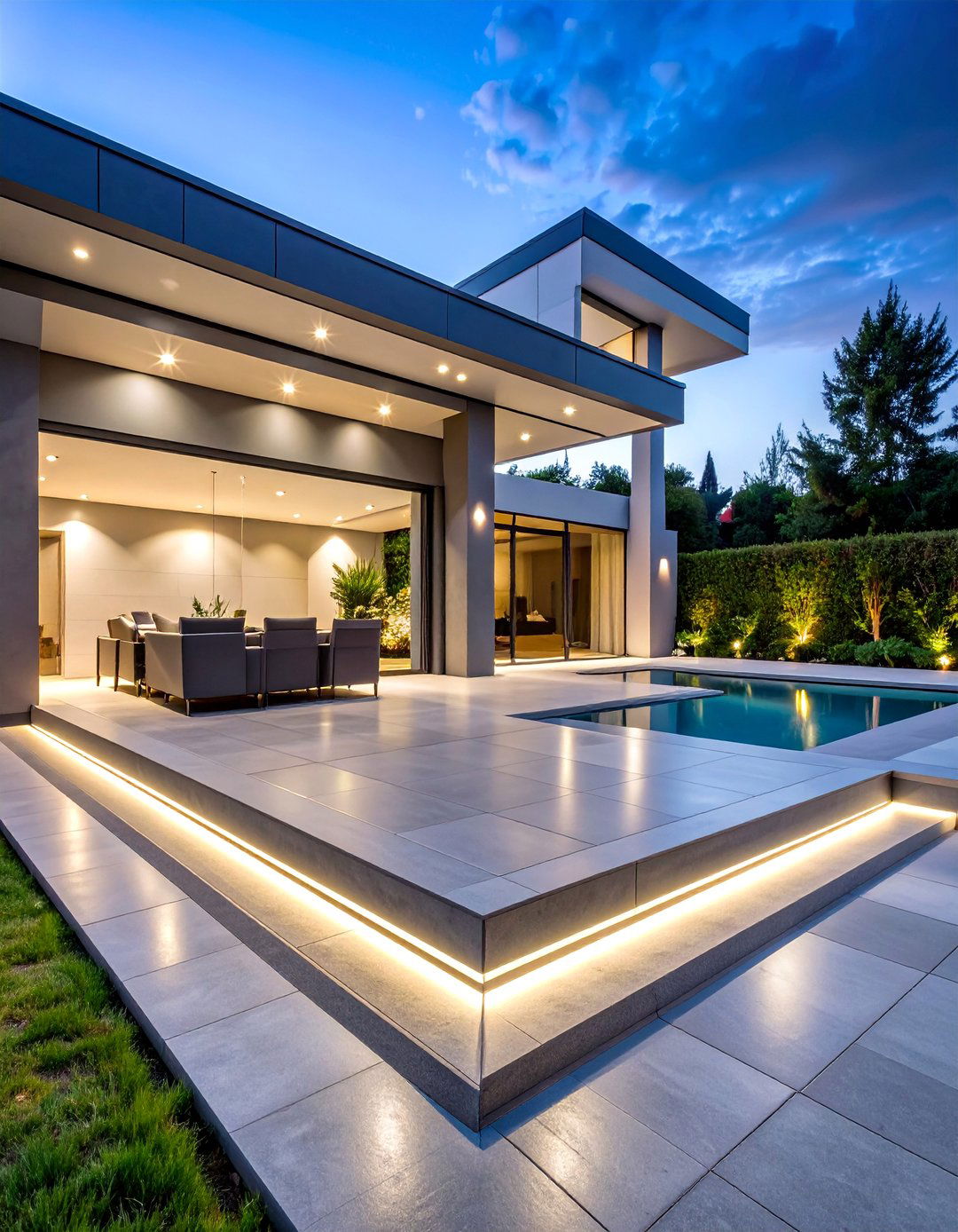 Polished Modern Concrete Deck with Geometric Patterns - 25 Concrete Deck Ideas