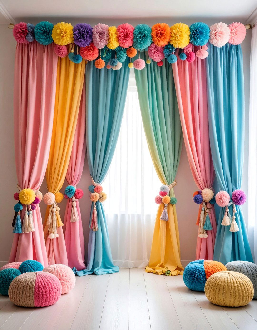 Pompom Trimmed Curtains in Vibrant Colors - 25 Boho Curtain Ideas
