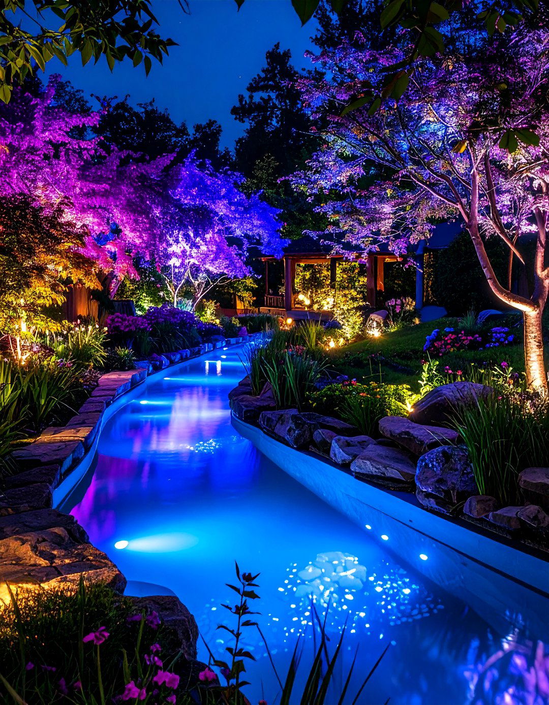 Pond with Integrated Lighting Design System - 25 Pond Landscaping Ideas