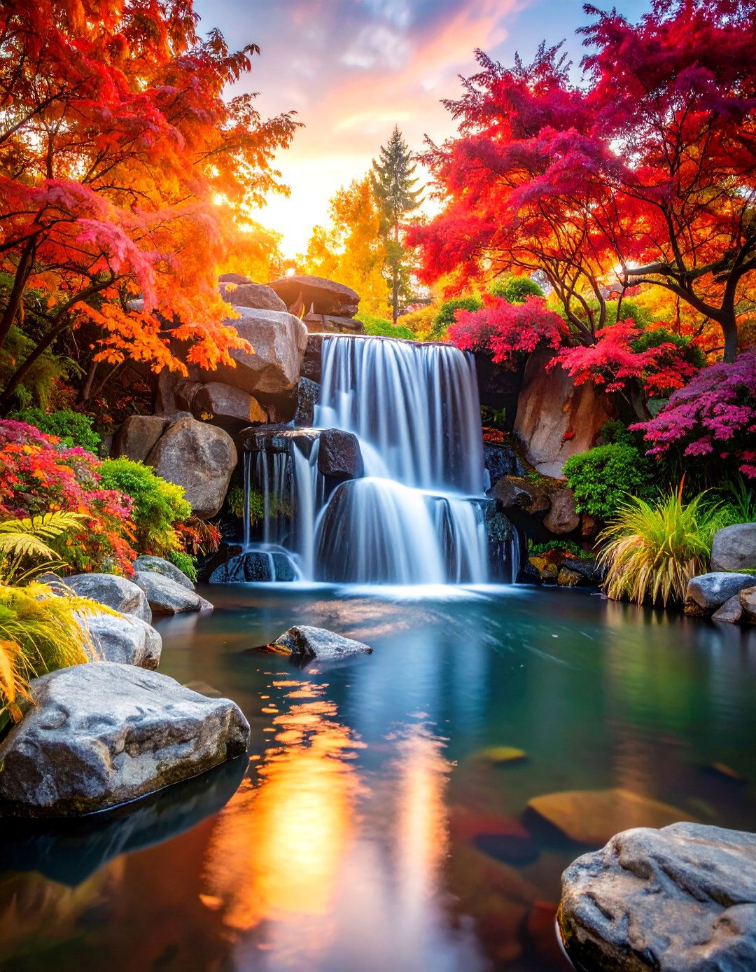 Pond with Natural Stone Waterfall Feature - 25 Pond Landscaping Ideas