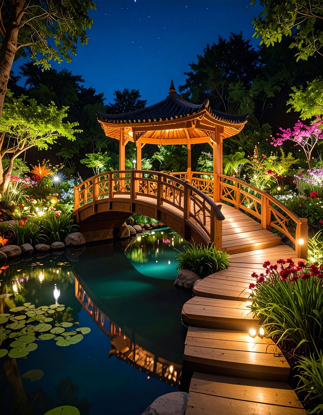 Pond with Ornamental Bridge Crossing Feature - 25 Pond Landscaping Ideas