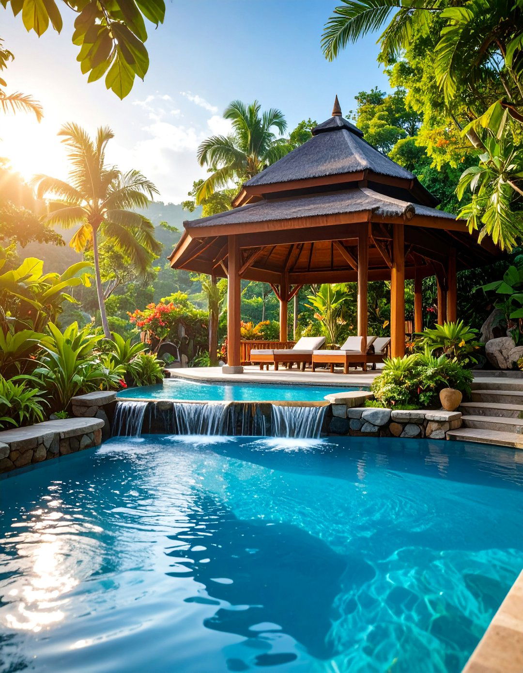 Pool Gazebo with Waterfall Features - 25 Pool Gazebo Ideas