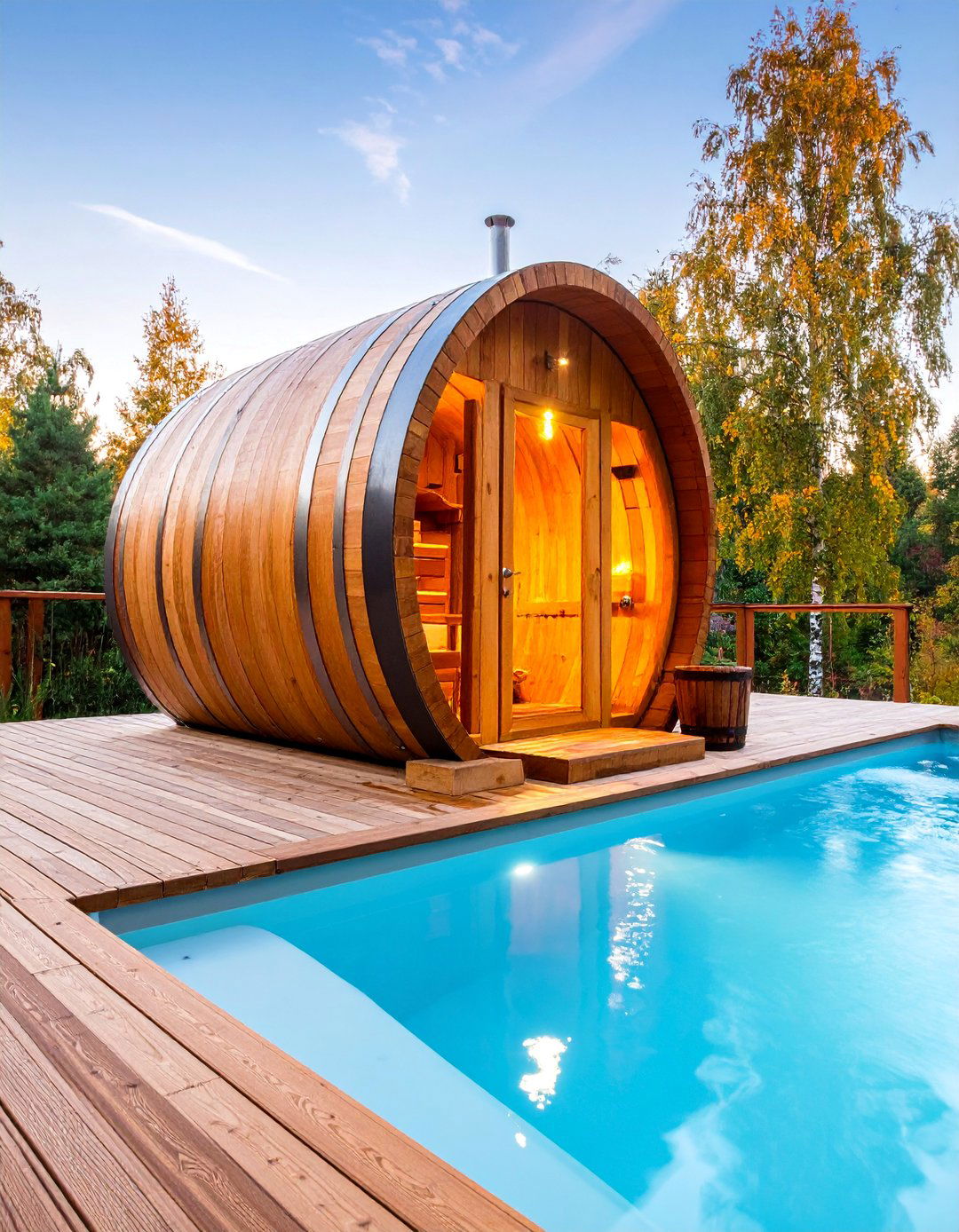 Poolside Barrel Sauna with Integrated Cooling Deck - 25 Outdoor Sauna Ideas