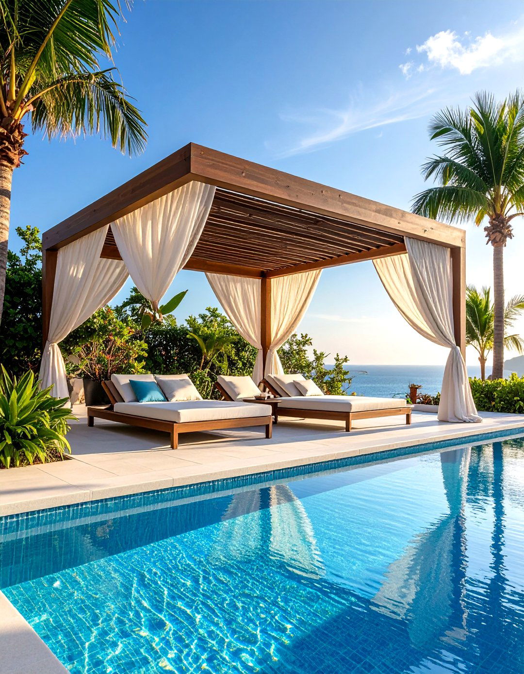 Poolside Cabana Pergola with Curtain Privacy - 25 Patio With a Pergola Ideas