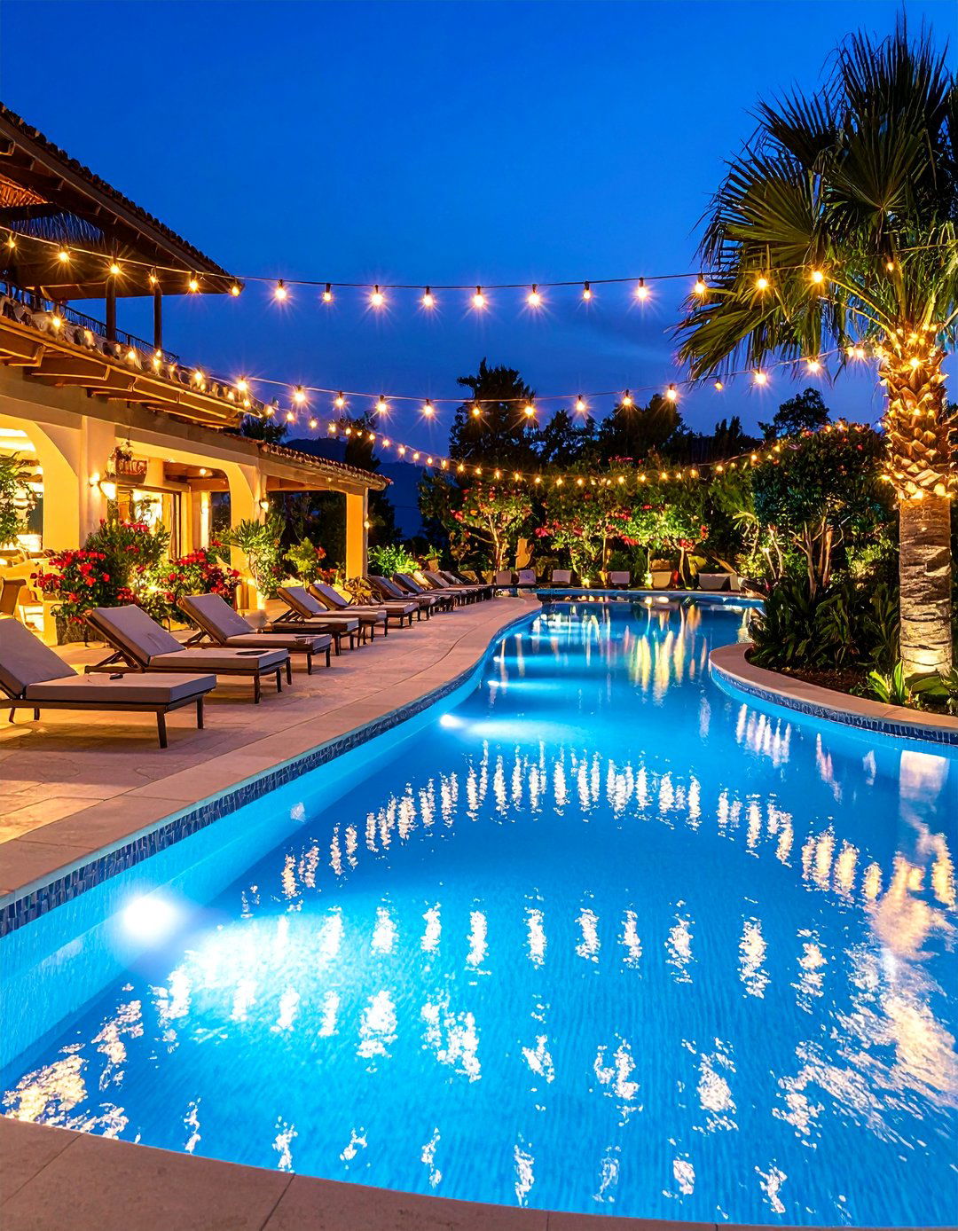 Poolside Paradise with Waterproof String Light Reflections - 25 Patio String Light Ideas