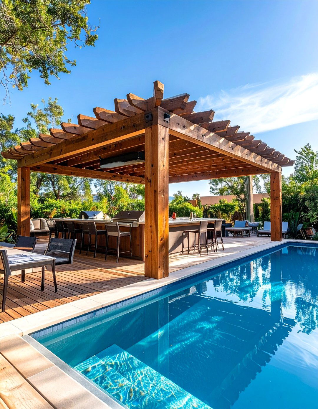 Poolside Pergola with Integrated Outdoor Kitchen - 25 Pool Shade Ideas