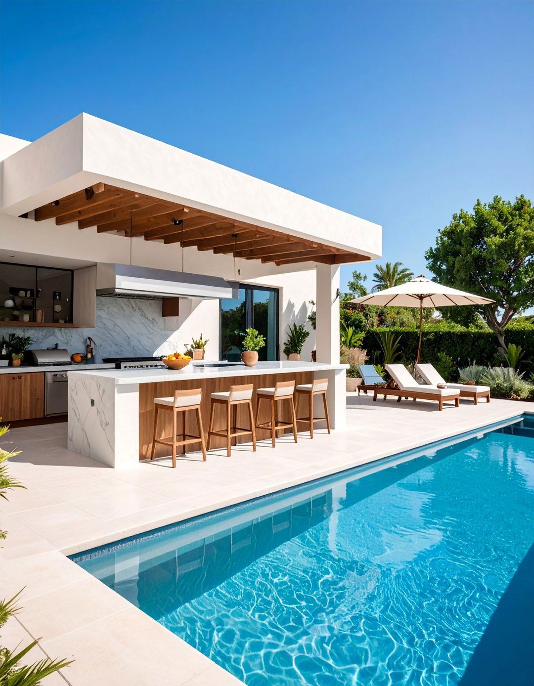 Poolside Stucco Outdoor Kitchen with Swim Up Bar - 25 Stucco Outdoor Kitchen Ideas