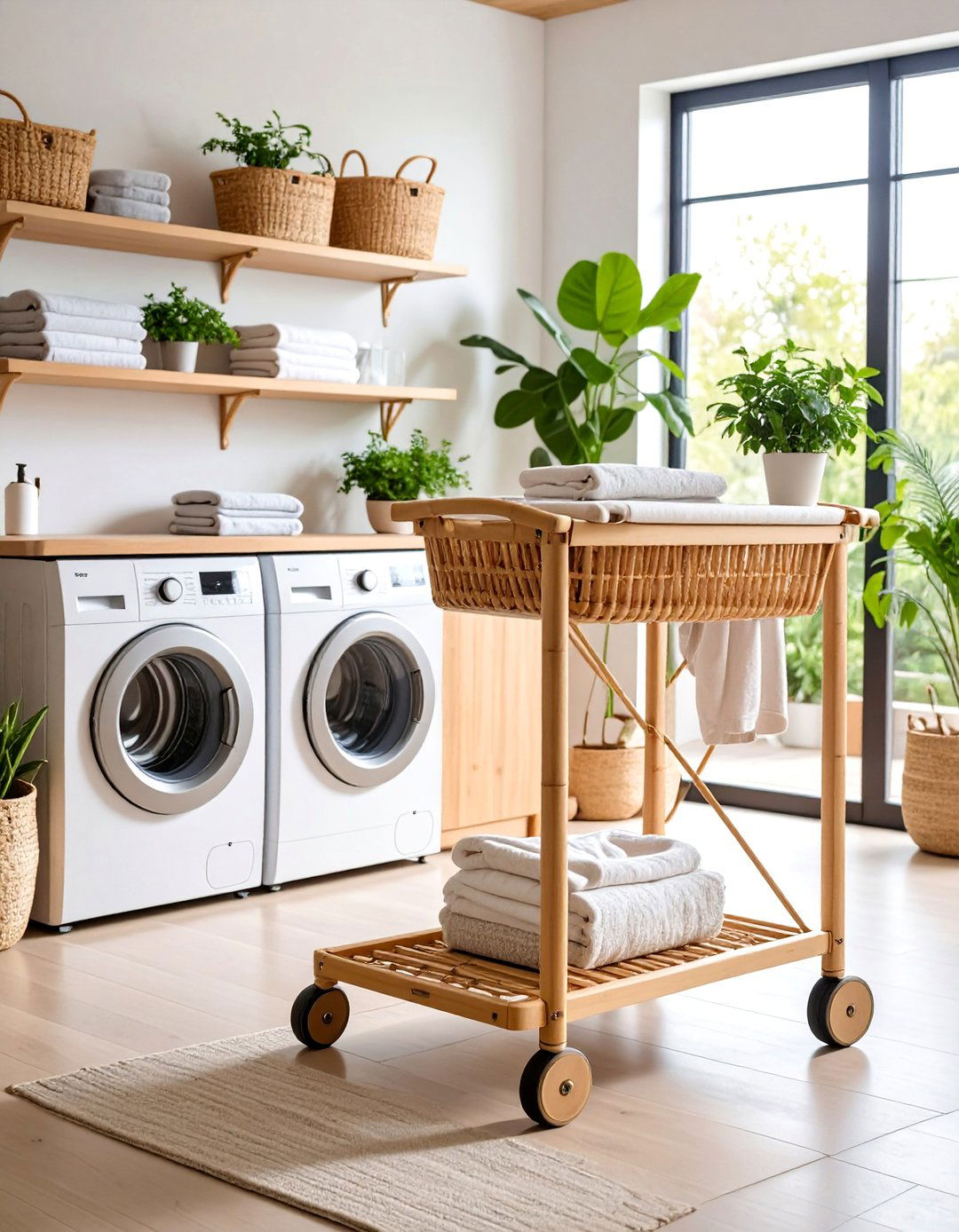 Portable Wheeled Drying Cart with Bamboo Construction - 25 Laundry Room Drying Rack Ideas
