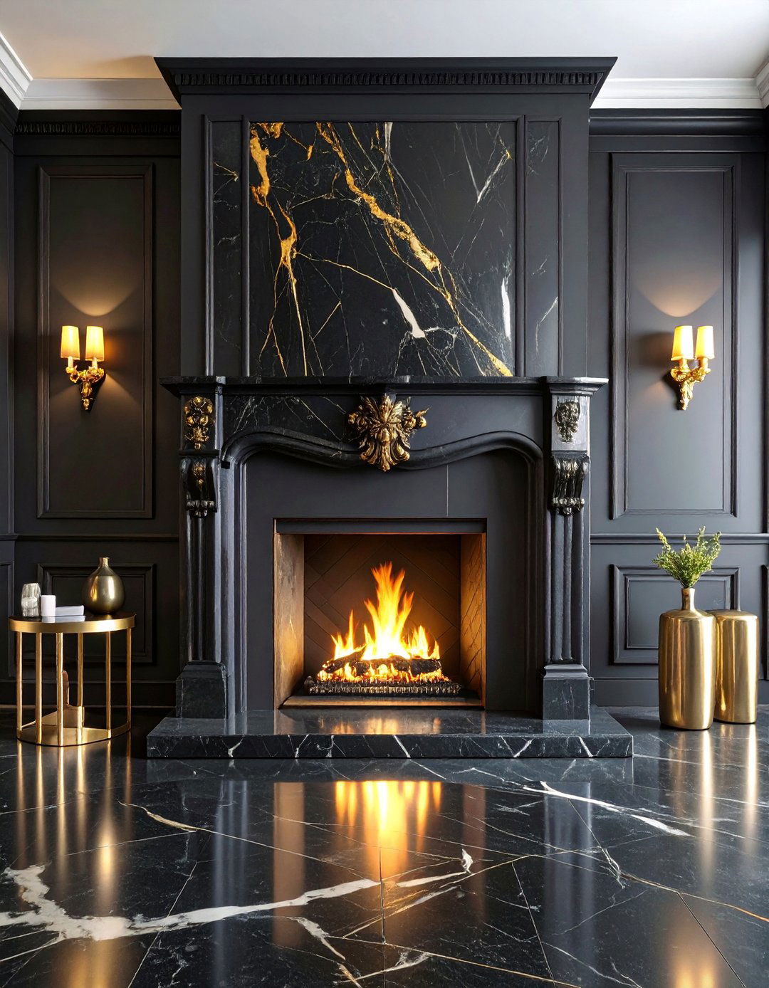 Portoro Black Marble Fireplace with Gold Veining Accent - 25 Marble Fireplace Ideas