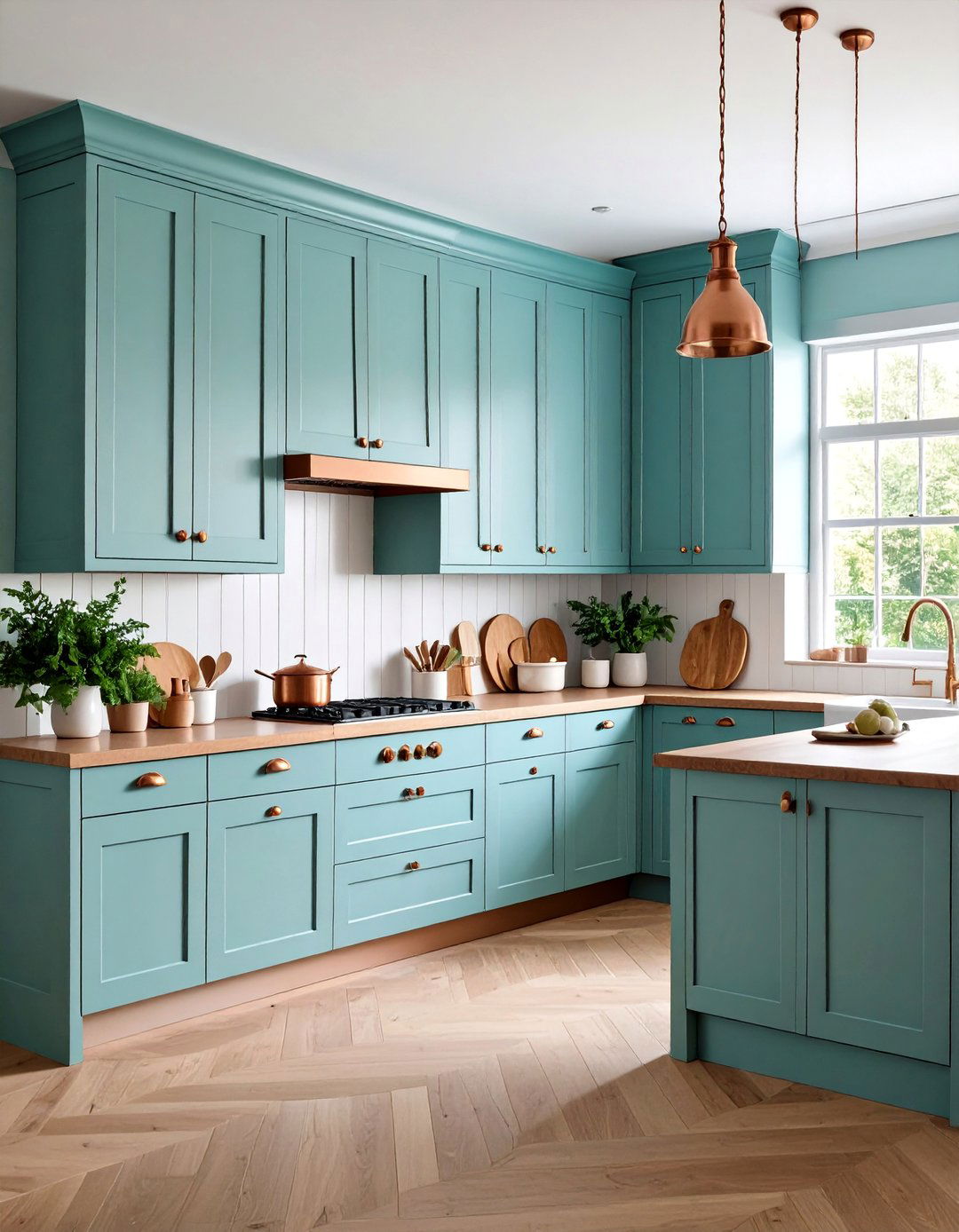 Powder Blue Beadboard Cabinets with Copper Accents - 25 blue farmhouse kitchen cabinets