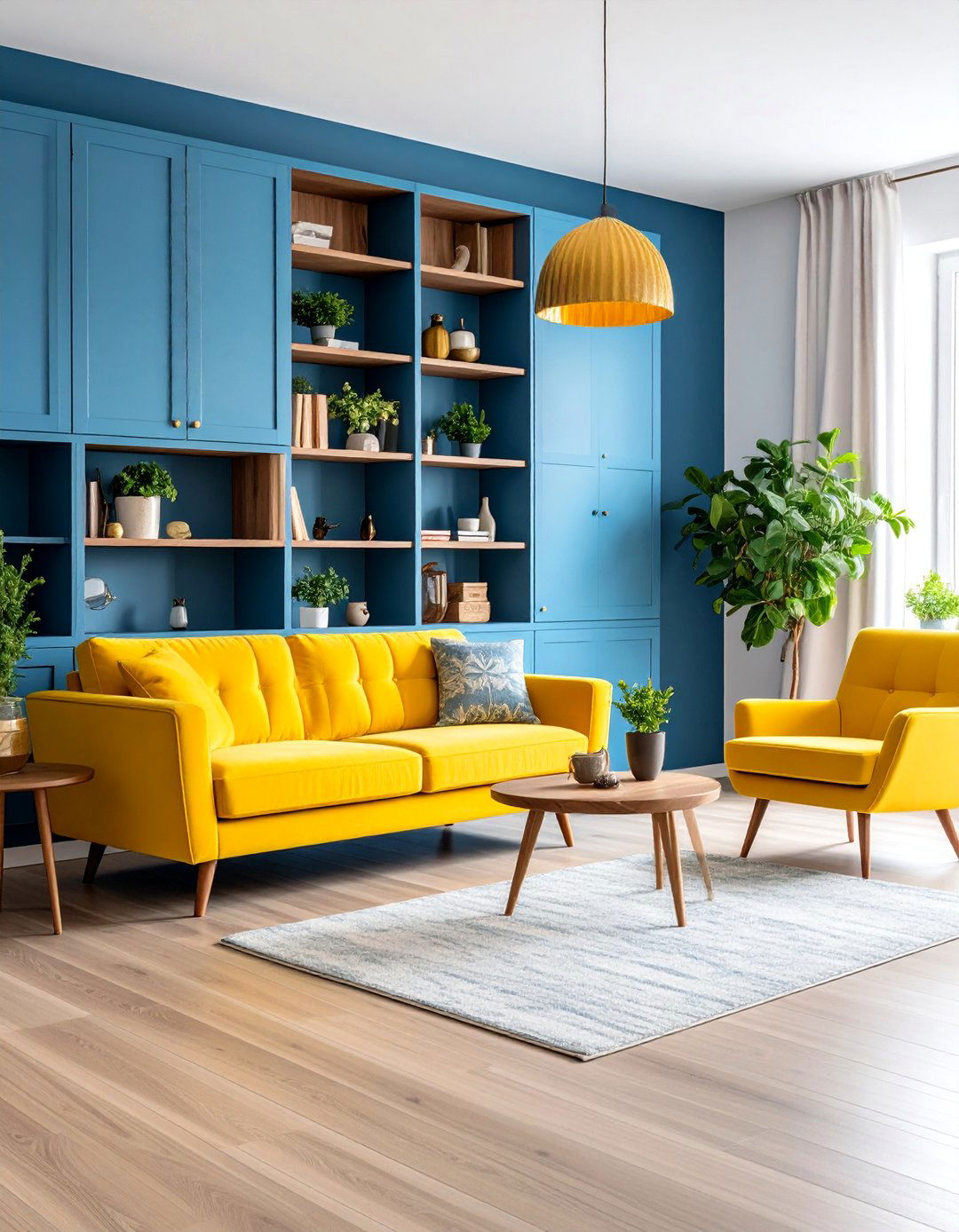 Powder Blue Built in Cabinets with Golden Yellow Seating - 25 Yellow and Blue Living Room Ideas