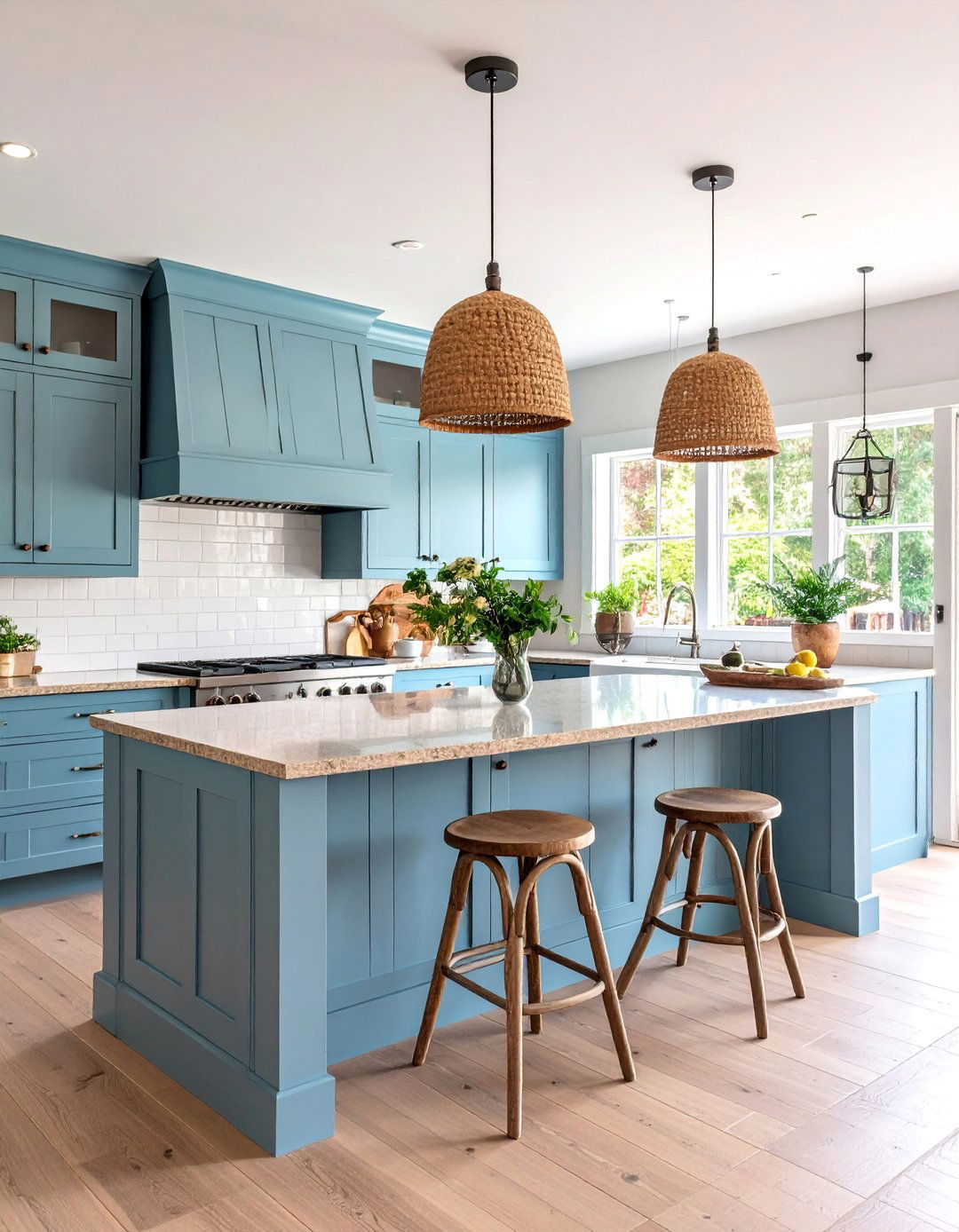 Powder Blue Cabinets with Tan Brown Granite in Coastal Style - 25 blue kitchen cabinets with brown granite countertops