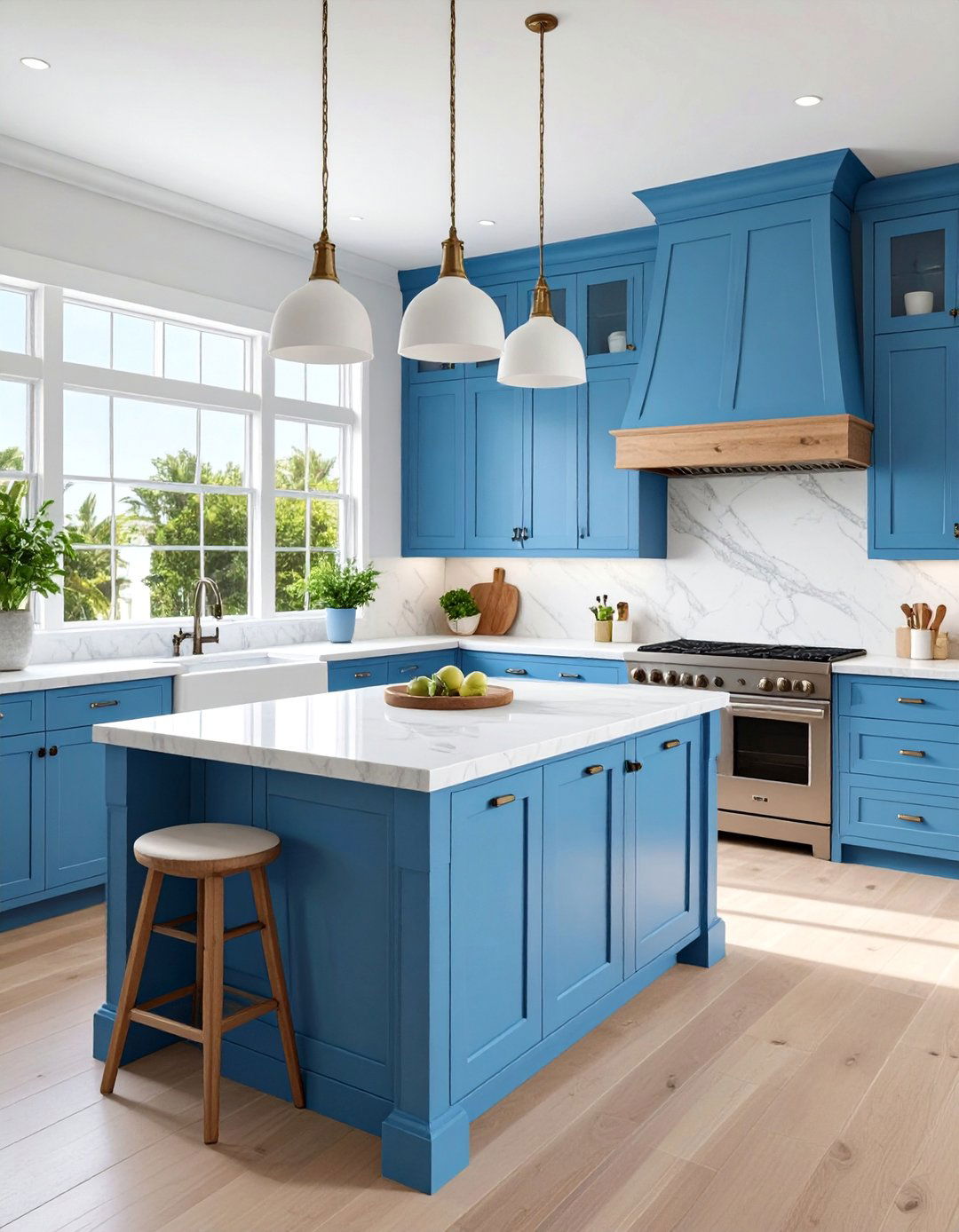 Powder Blue Coastal Kitchen with White Marble - 25 Blue Kitchen Ideas