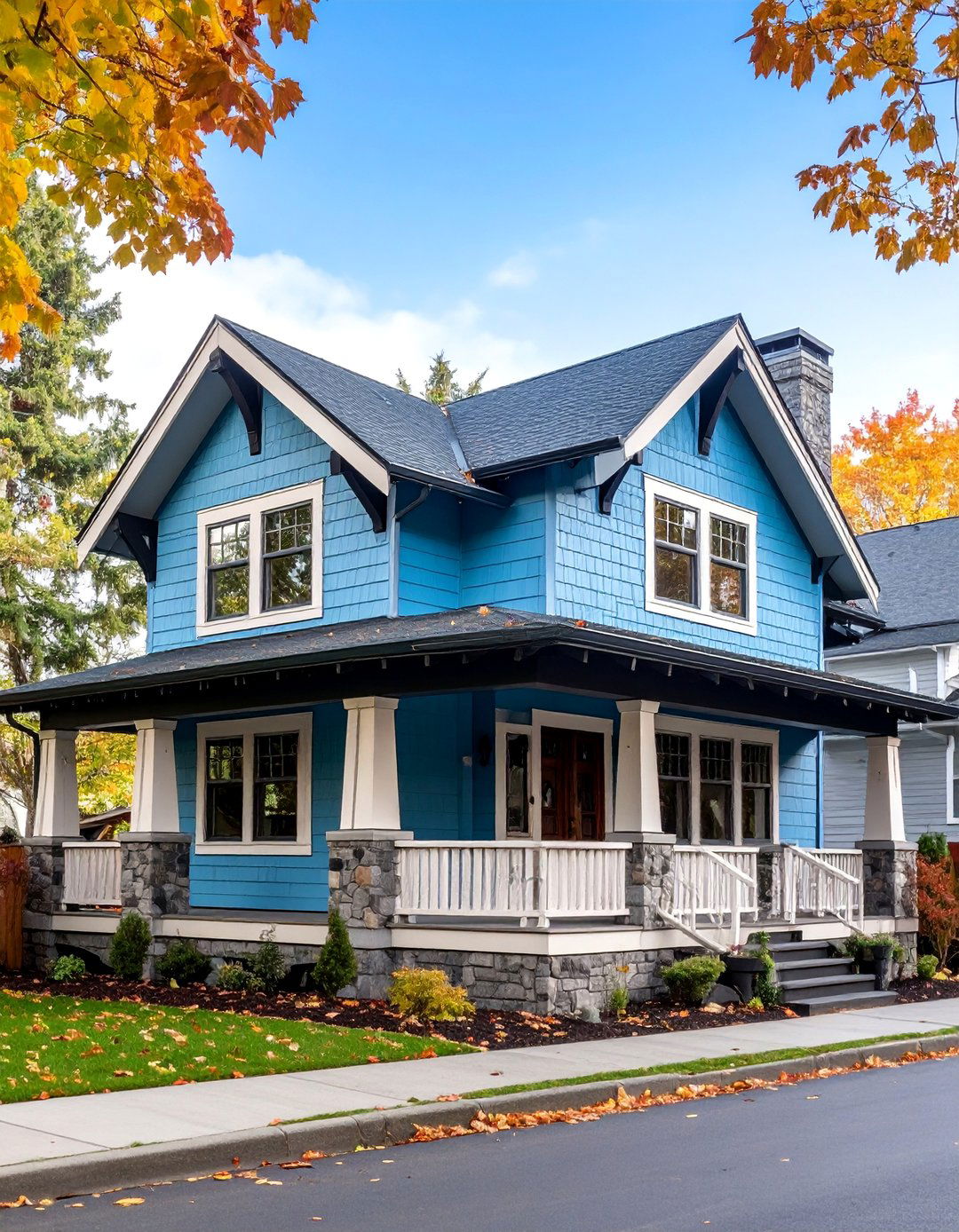 Powder Blue Craftsman with Black Trim Details - 25 Blue House With Black Trim Ideas