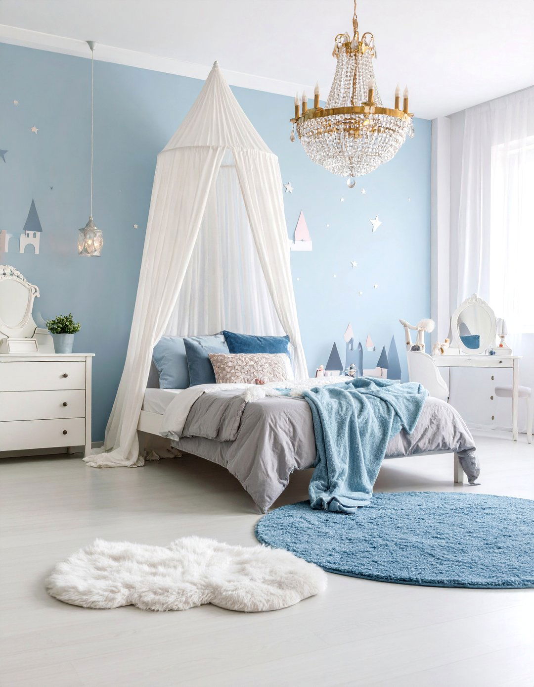 Powder Blue Girls Bedroom with Princess Castle Theme - 25 Girls Blue Bedroom Ideas