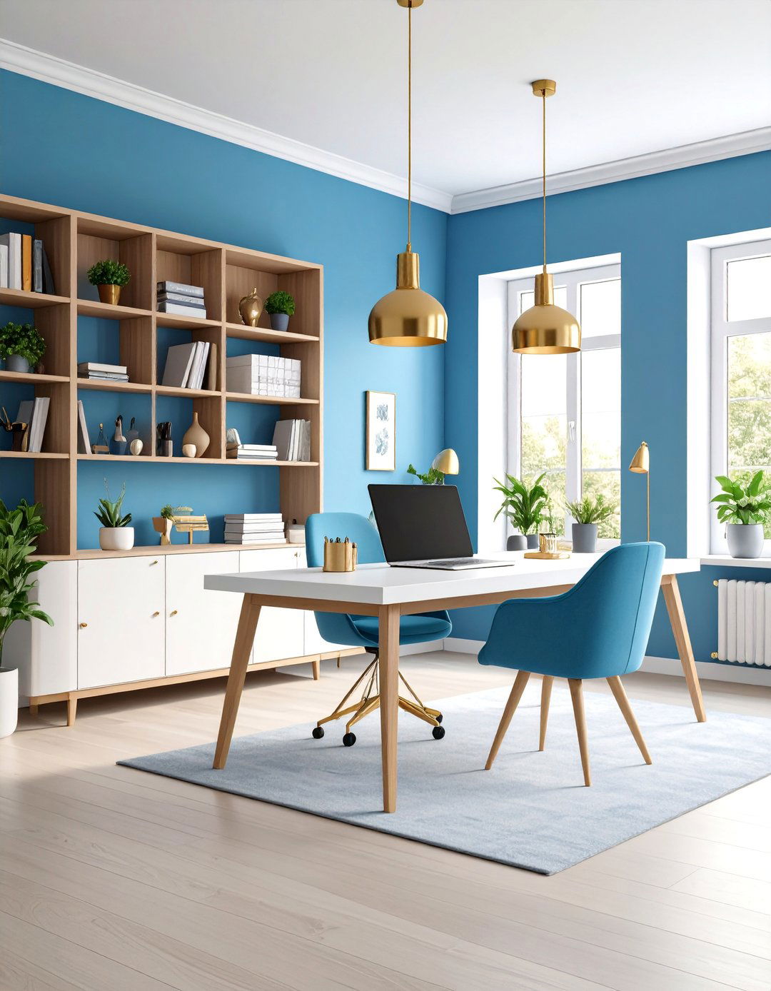 Powder Blue Home Office with Built in Storage - 25 Blue Room Ideas