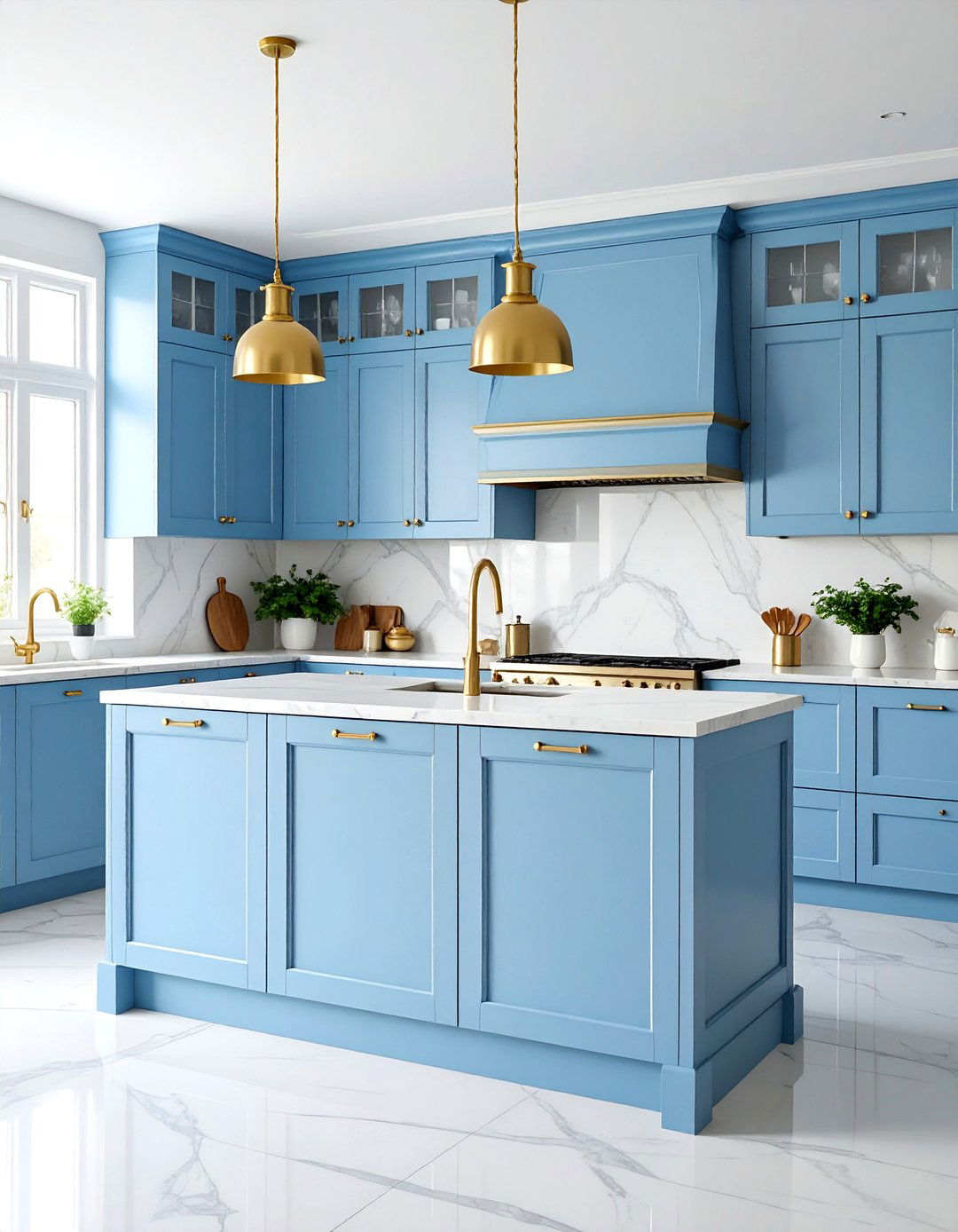 Powder Blue Kitchen with Gold Hardware - 25 Blue Kitchen Ideas