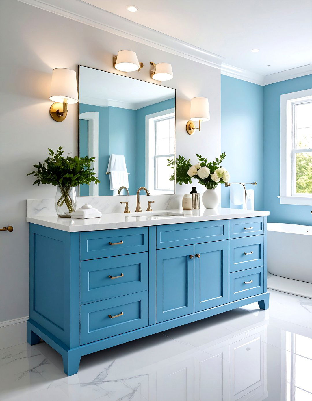 Powder Blue Shaker Style Vanity with Marble Top - 25 Blue Bathroom Vanity Ideas