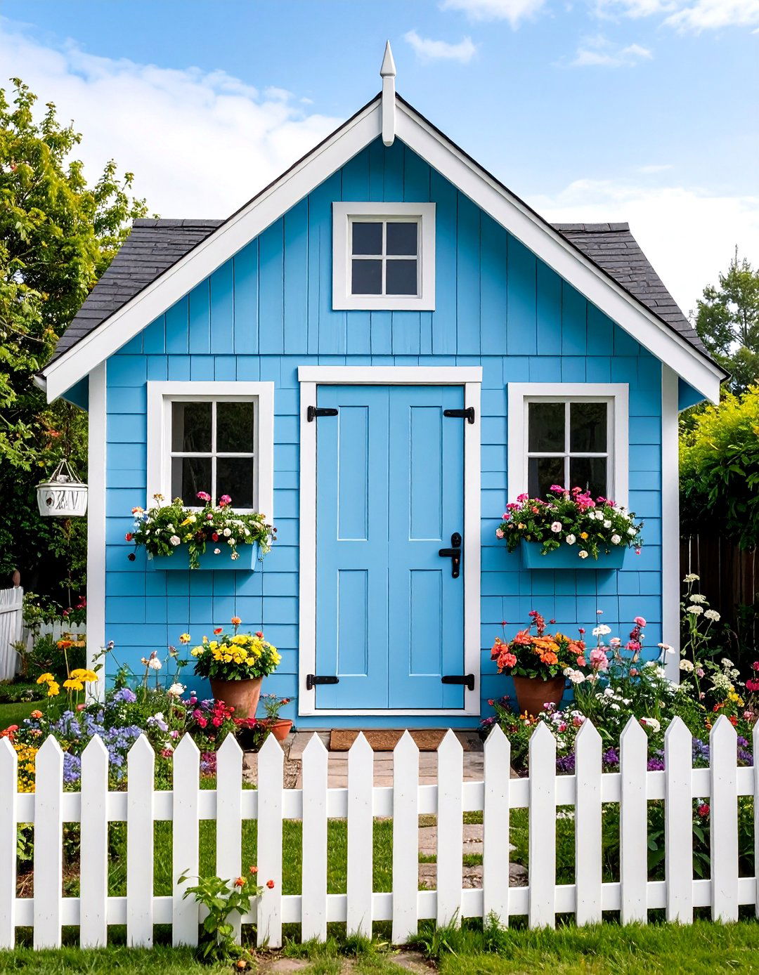 Powder Blue Shed with White Picket Details - 25 Shed Color Ideas