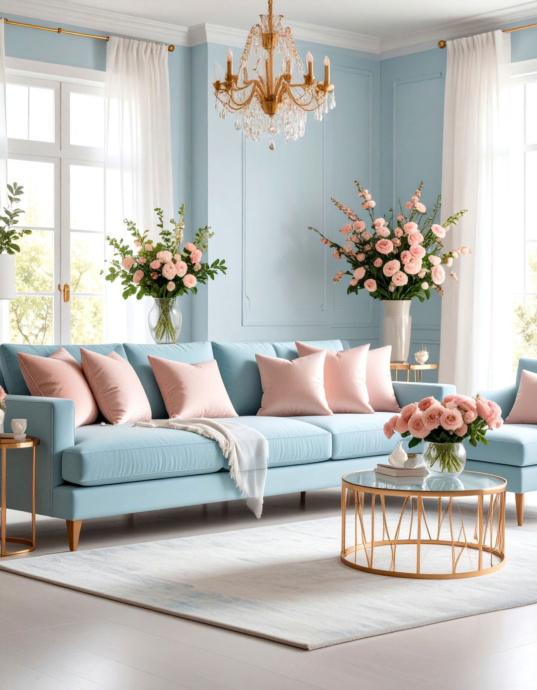 Powder Blue Sofa with Feminine Rose Gold and Blush Accents - 25 Blue Couch Living Room Ideas