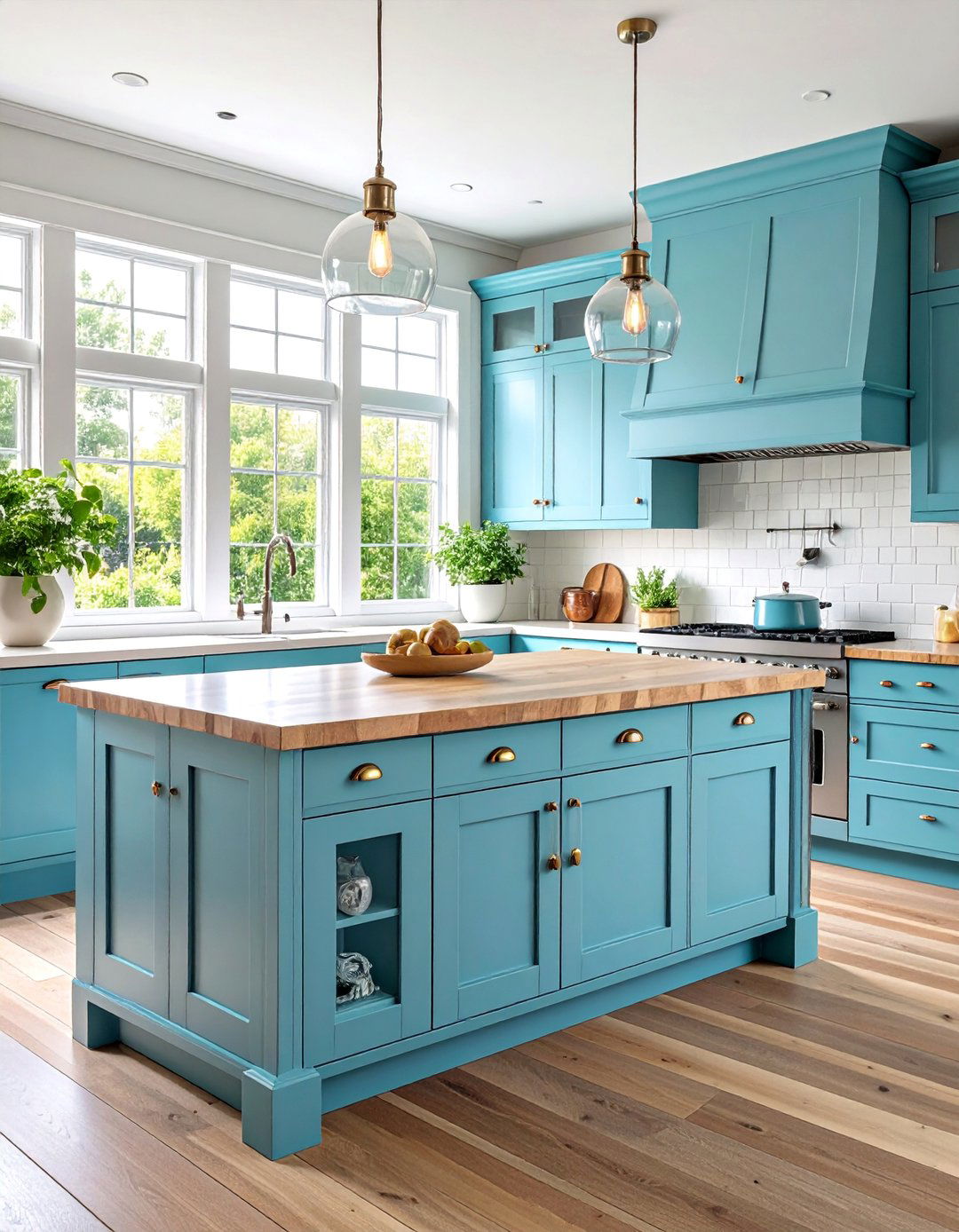 Powder Blue Vintage Inspired with Glass Fronts - 25 Blue Kitchen Island Ideas