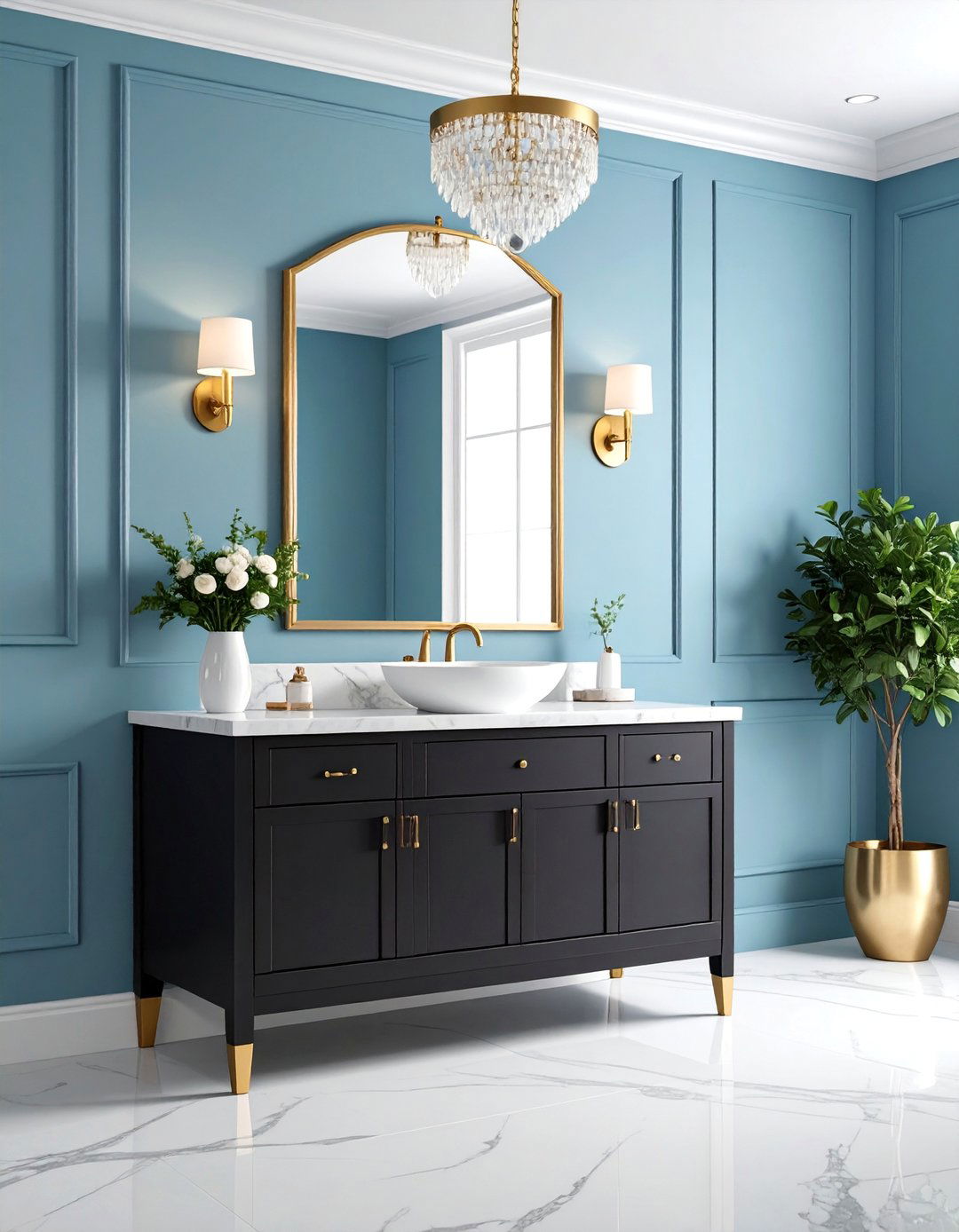 Powder Blue Walls with Black Vanity - 25 black and blue bathroom ideas