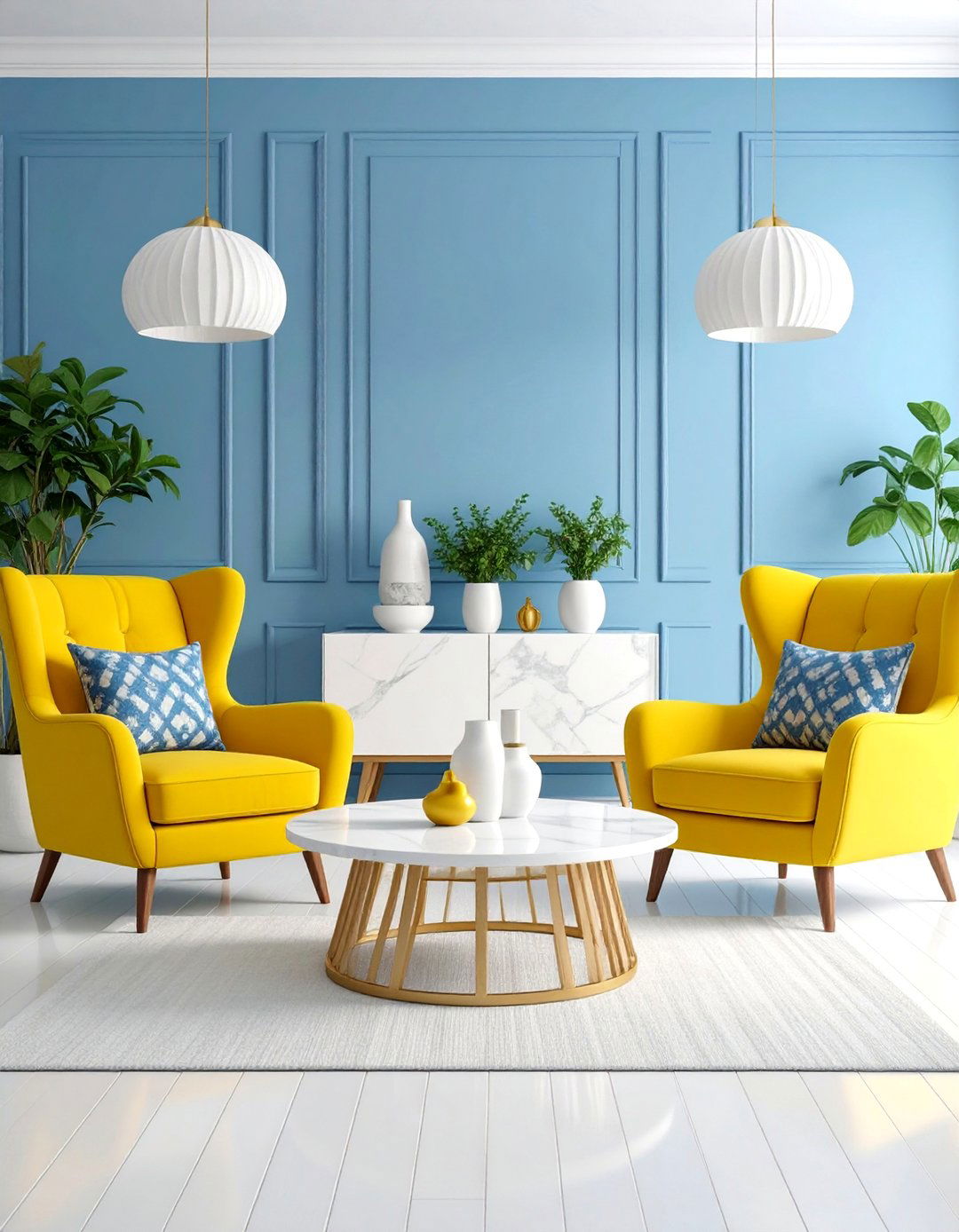 Powder Blue Walls with Mustard Yellow Seating - 25 Yellow and Blue Living Room Ideas